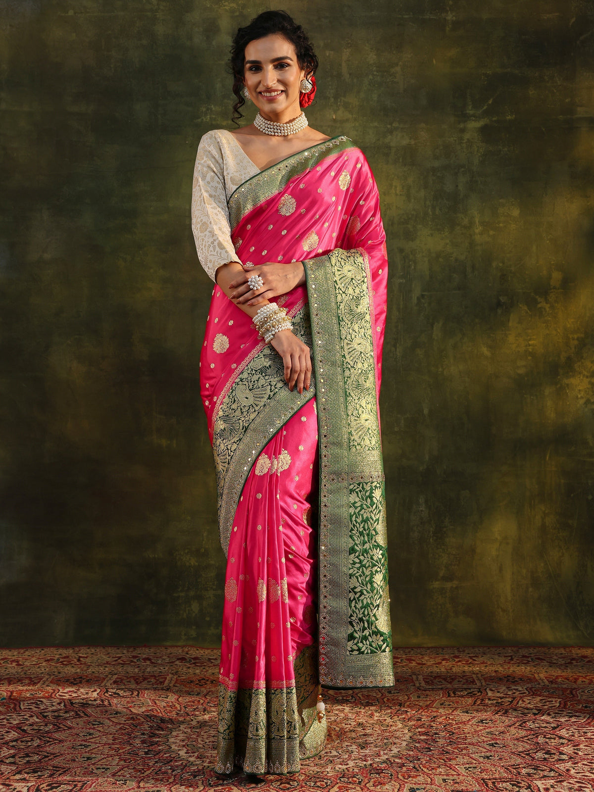 Anouk Pink Woven Design Satin Banarasi Saree With Unstitched Blouse Piece