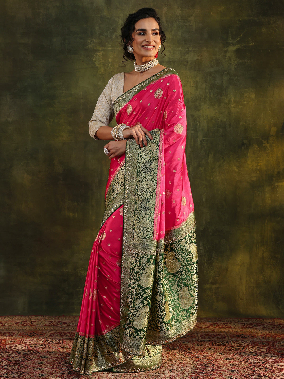 Anouk Pink Woven Design Satin Banarasi Saree With Unstitched Blouse Piece