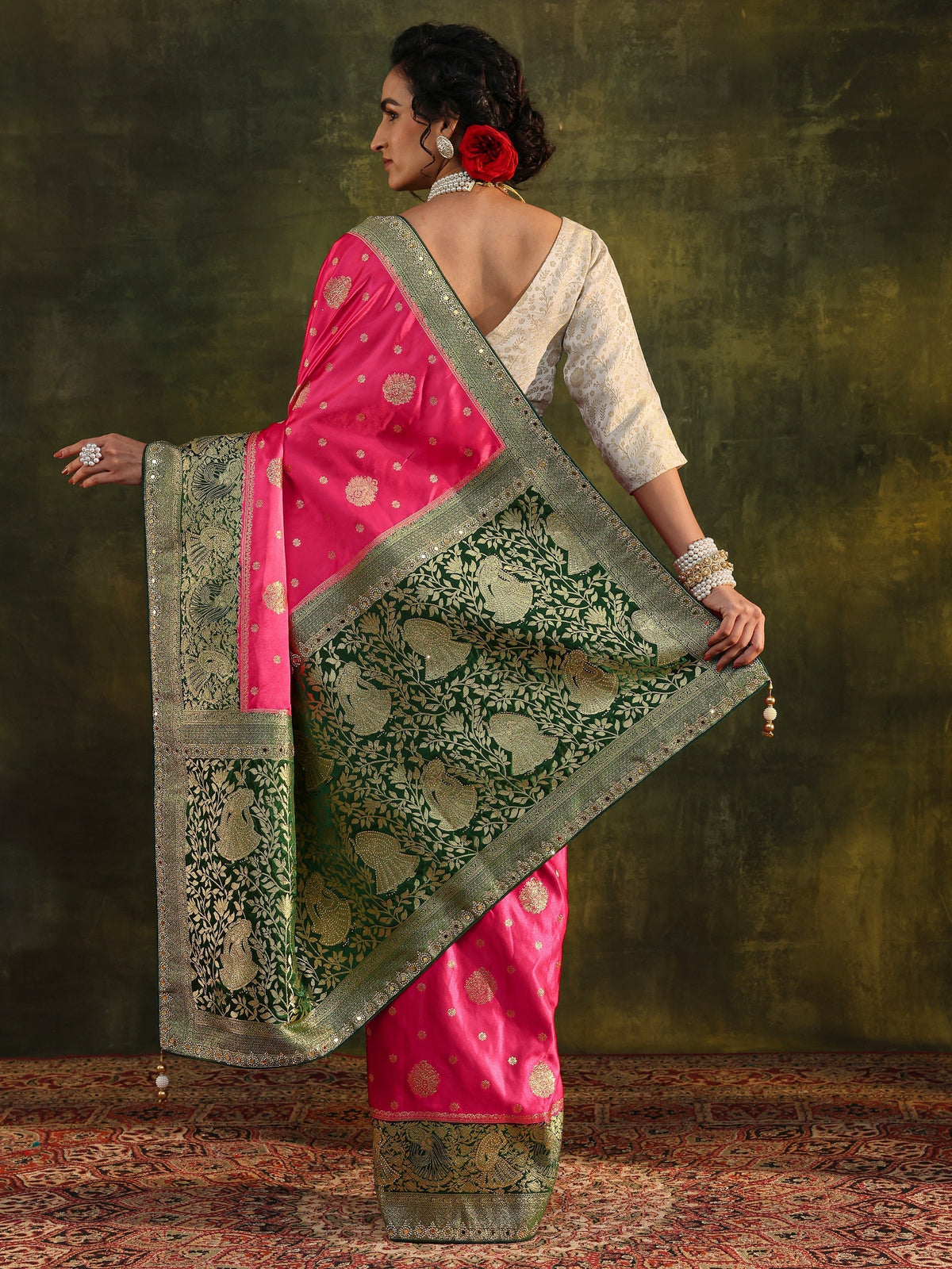 Anouk Pink Woven Design Satin Banarasi Saree With Unstitched Blouse Piece