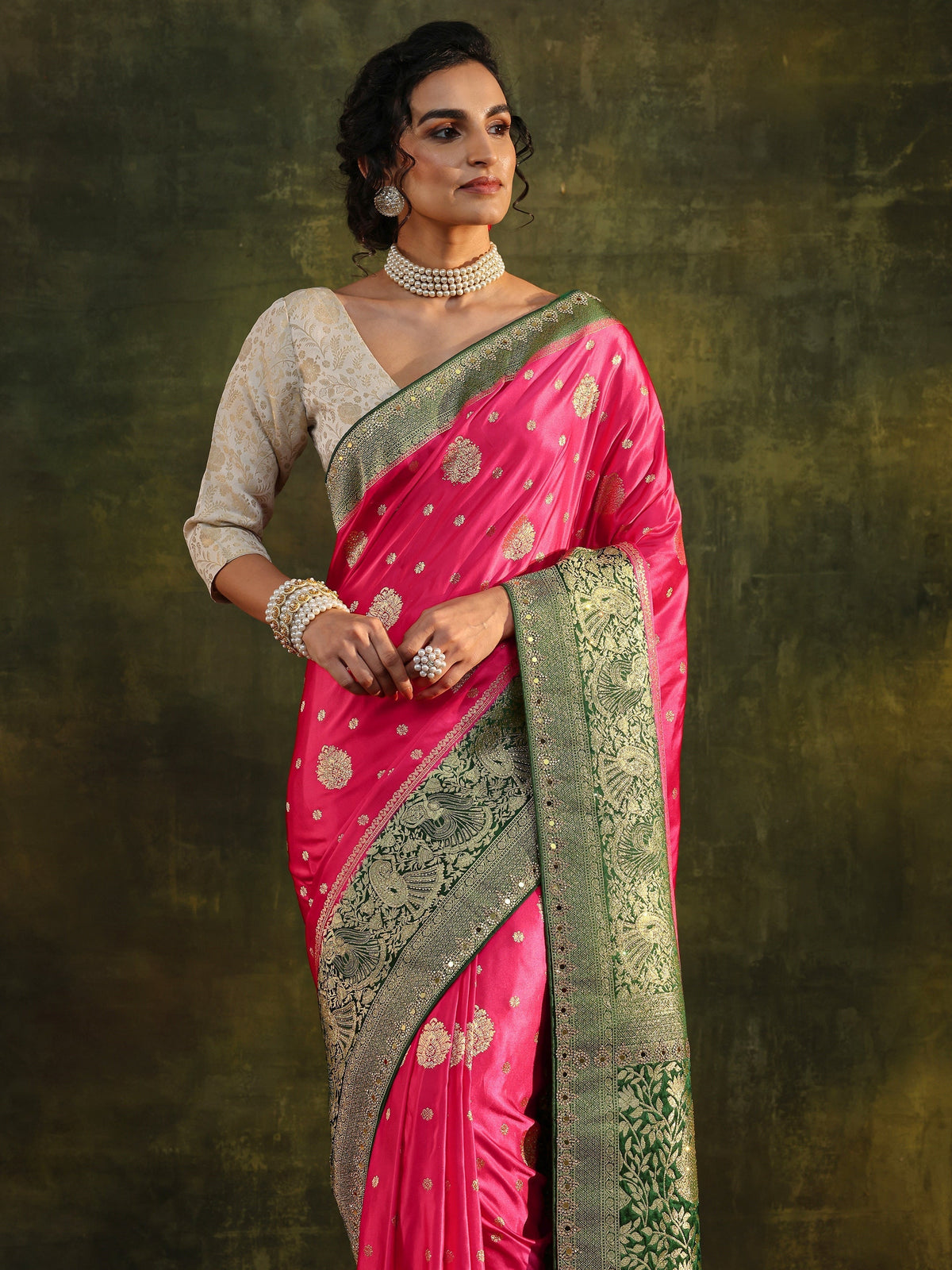 Anouk Pink Woven Design Satin Banarasi Saree With Unstitched Blouse Piece