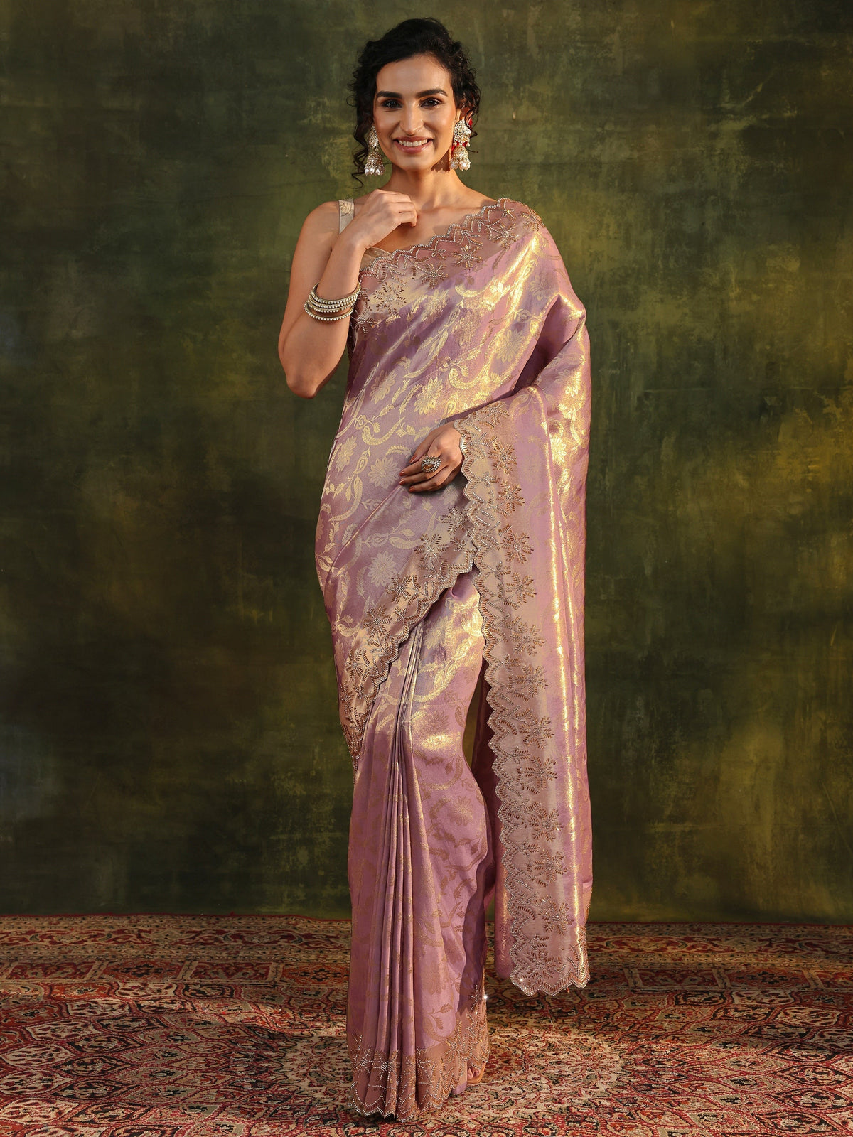 Anouk Purple Floral Embellished Silk Saree With Unstitched Blouse Piece