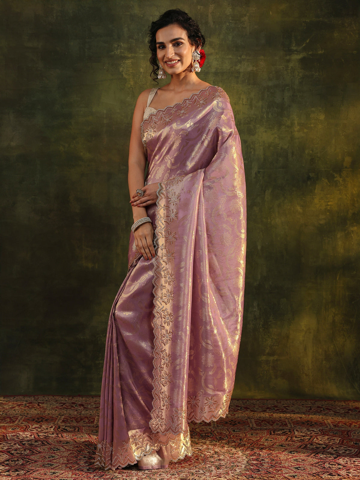 Anouk Purple Floral Embellished Silk Saree With Unstitched Blouse Piece