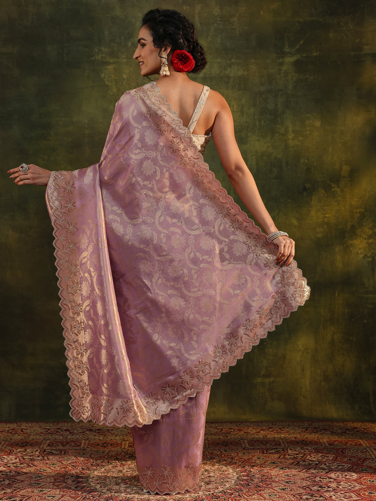Anouk Purple Floral Embellished Silk Saree With Unstitched Blouse Piece