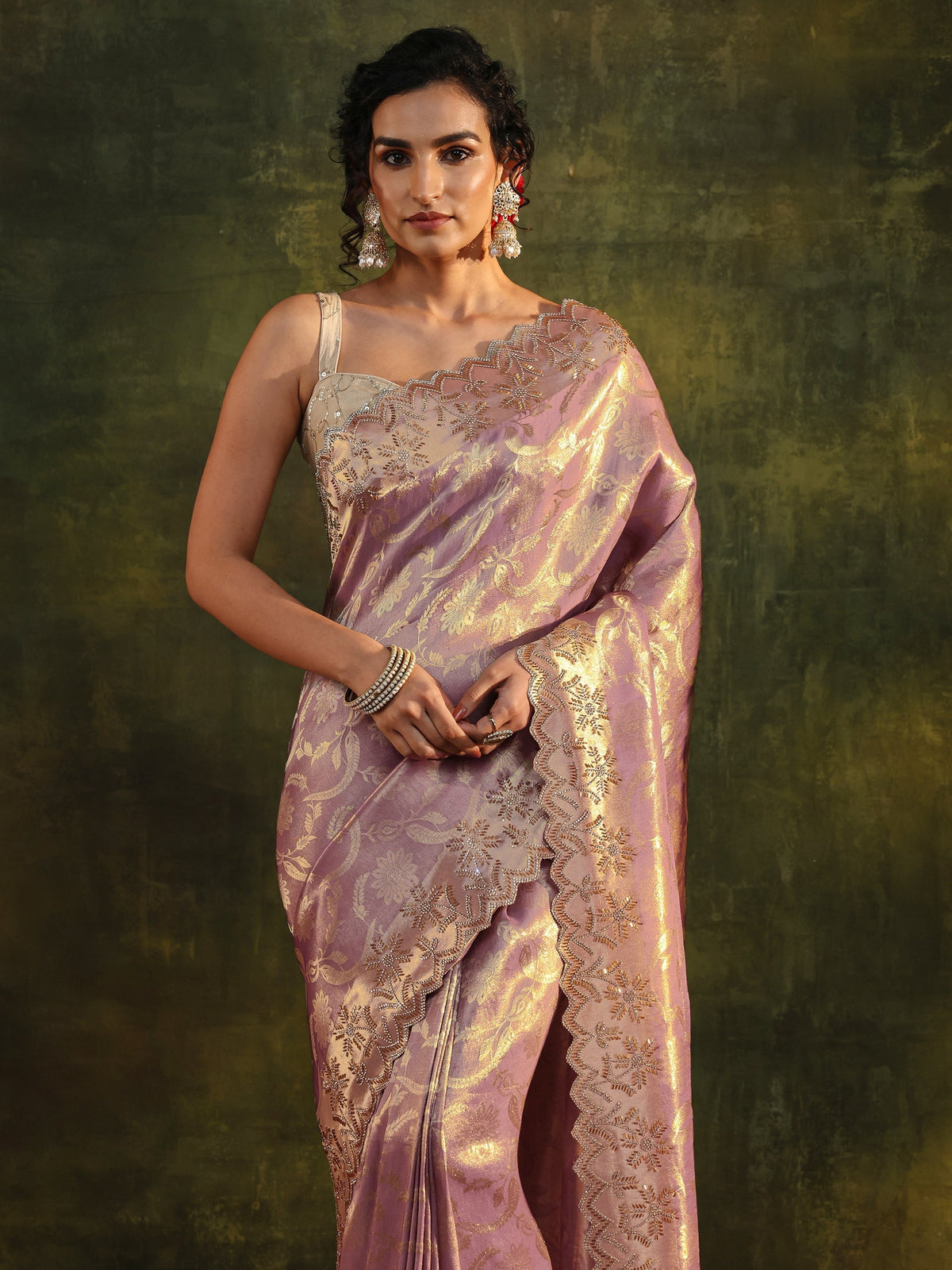 Anouk Purple Floral Embellished Silk Saree With Unstitched Blouse Piece