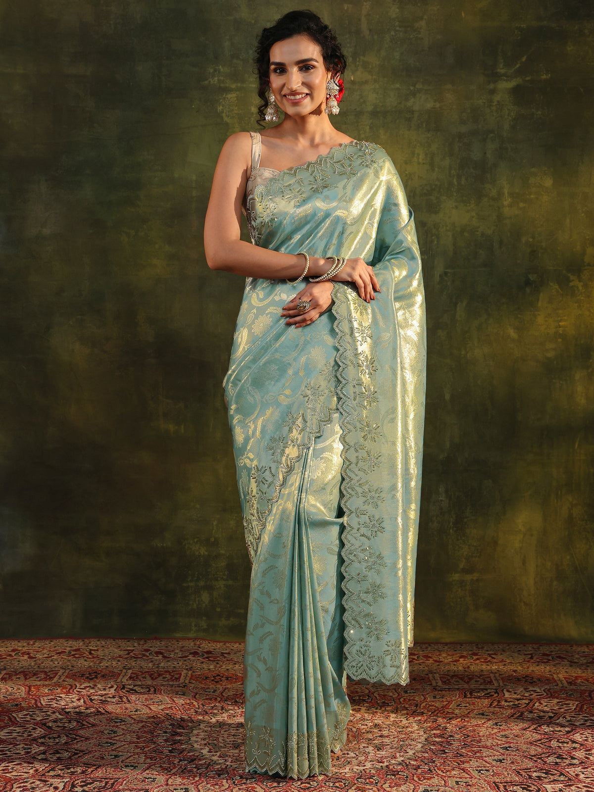 Anouk Blue Floral Embellished Silk Saree With Unstitched Blouse Piece
