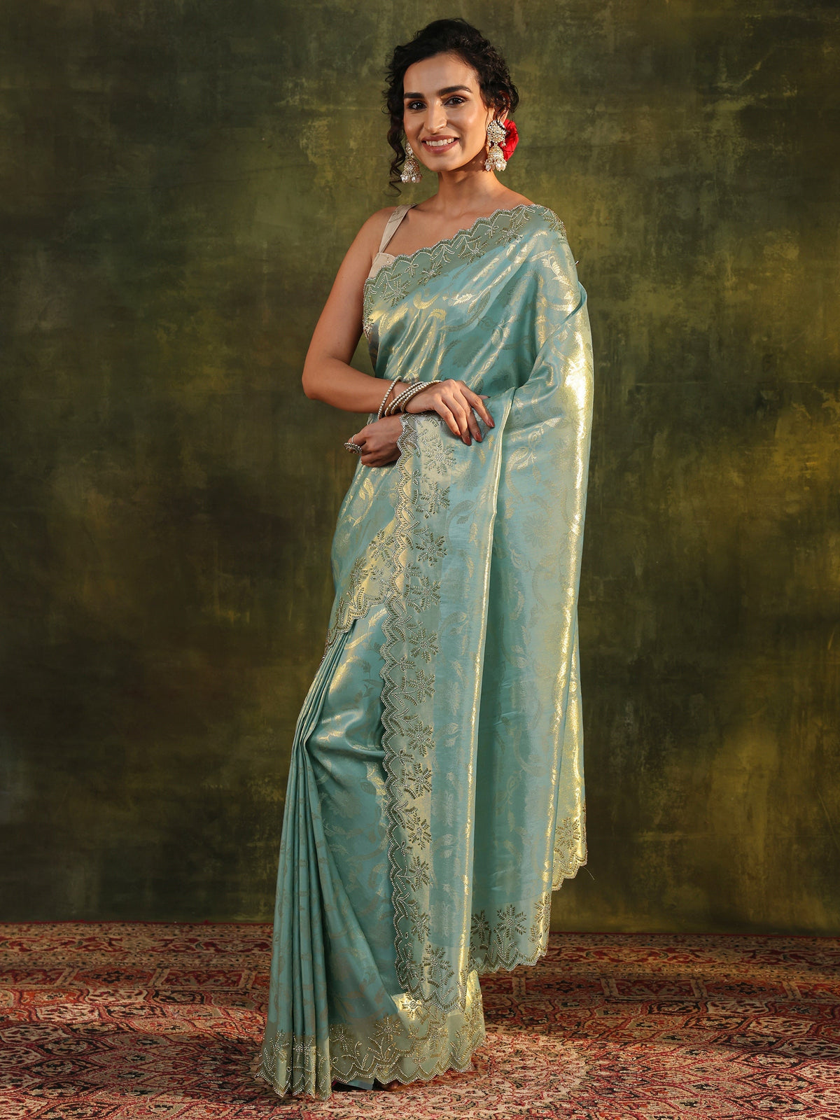 Anouk Blue Floral Embellished Silk Saree With Unstitched Blouse Piece