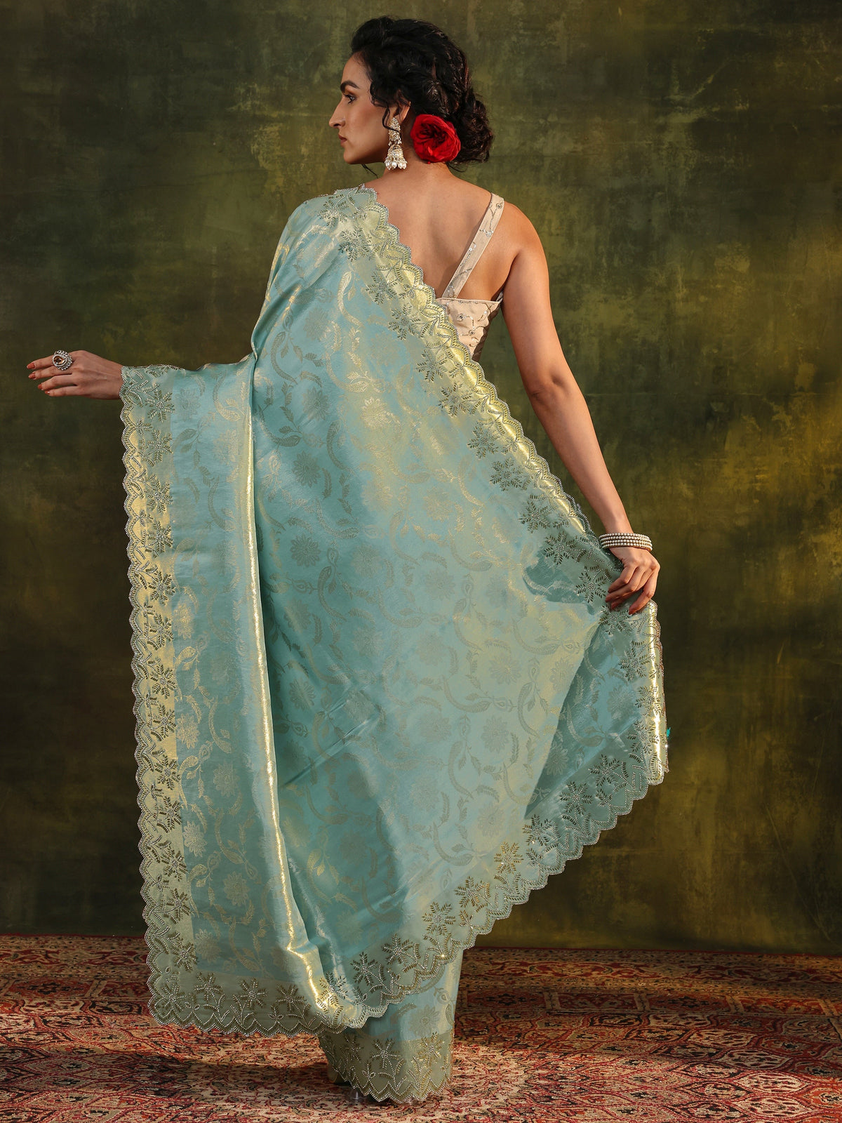 Anouk Blue Floral Embellished Silk Saree With Unstitched Blouse Piece
