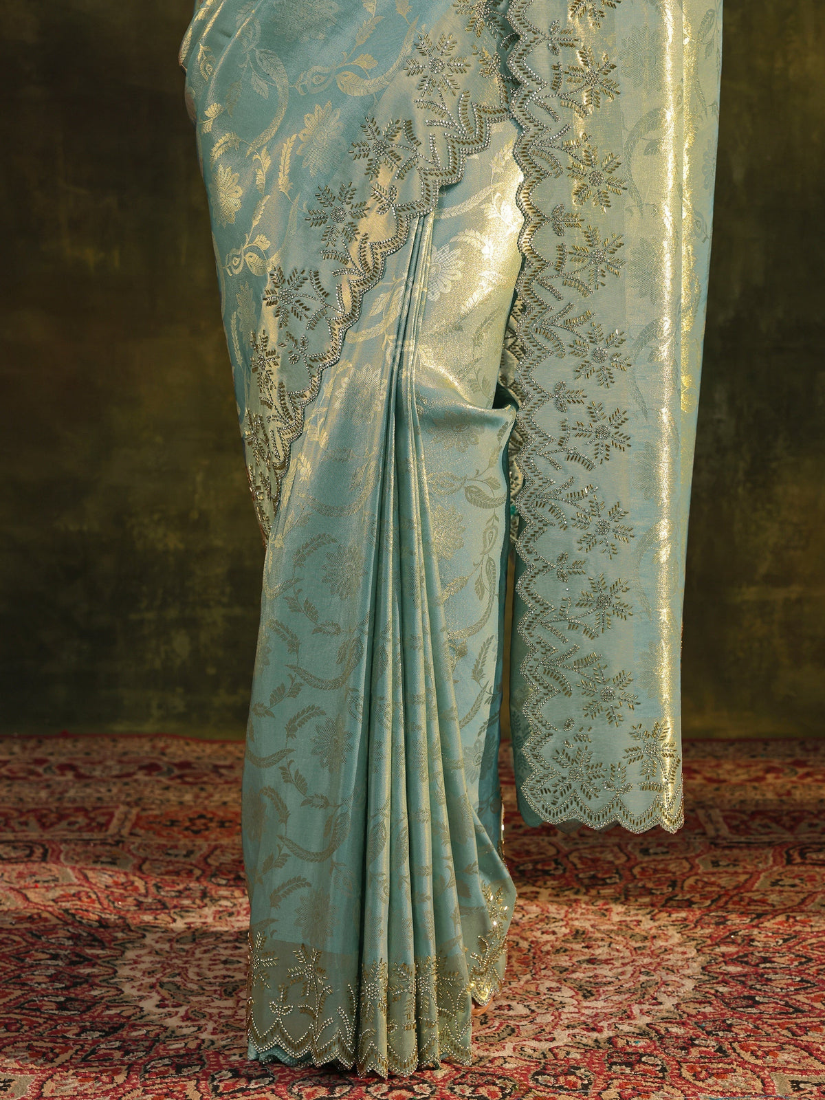 Anouk Blue Floral Embellished Silk Saree With Unstitched Blouse Piece