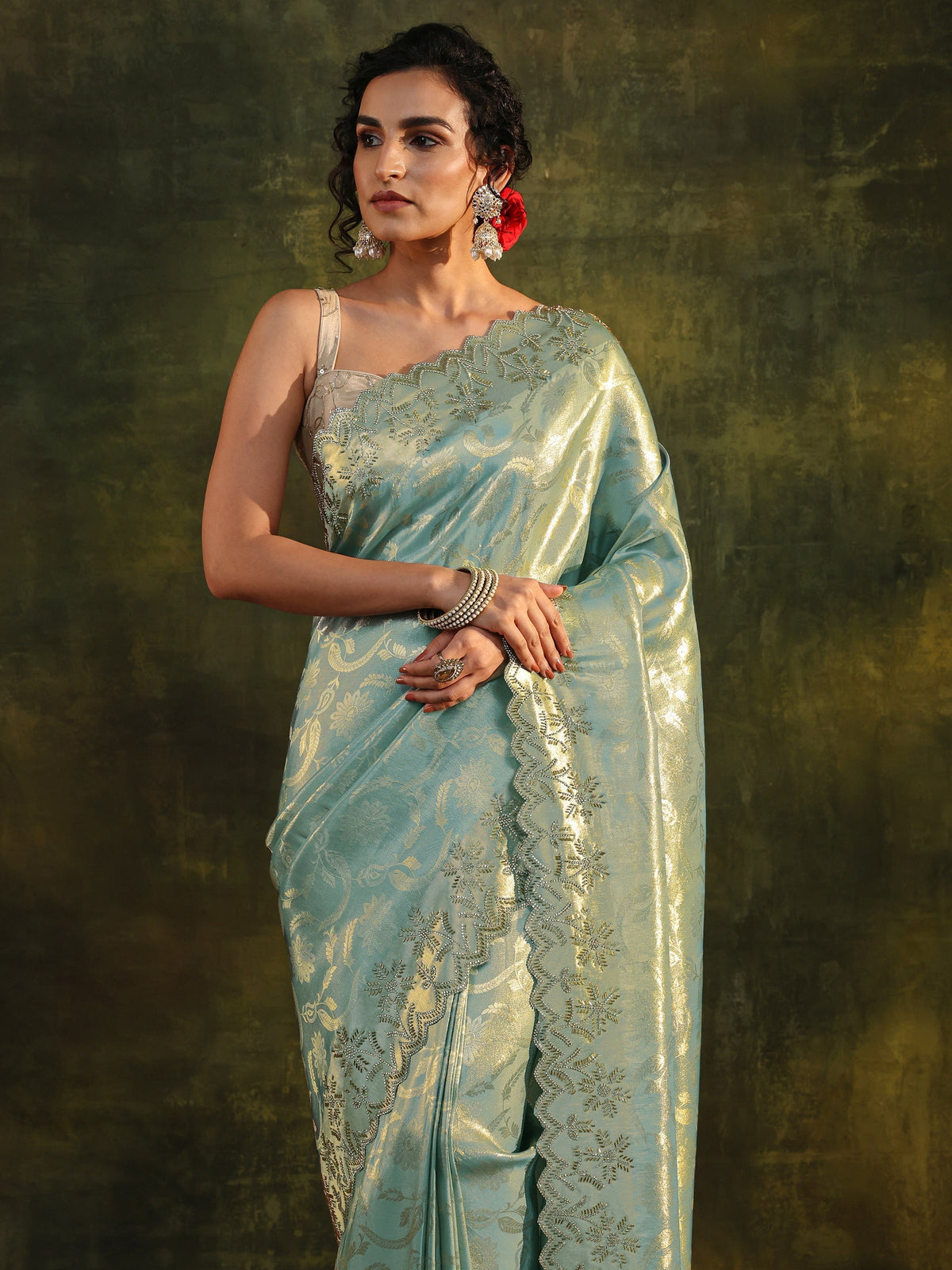 Anouk Blue Floral Embellished Silk Saree With Unstitched Blouse Piece