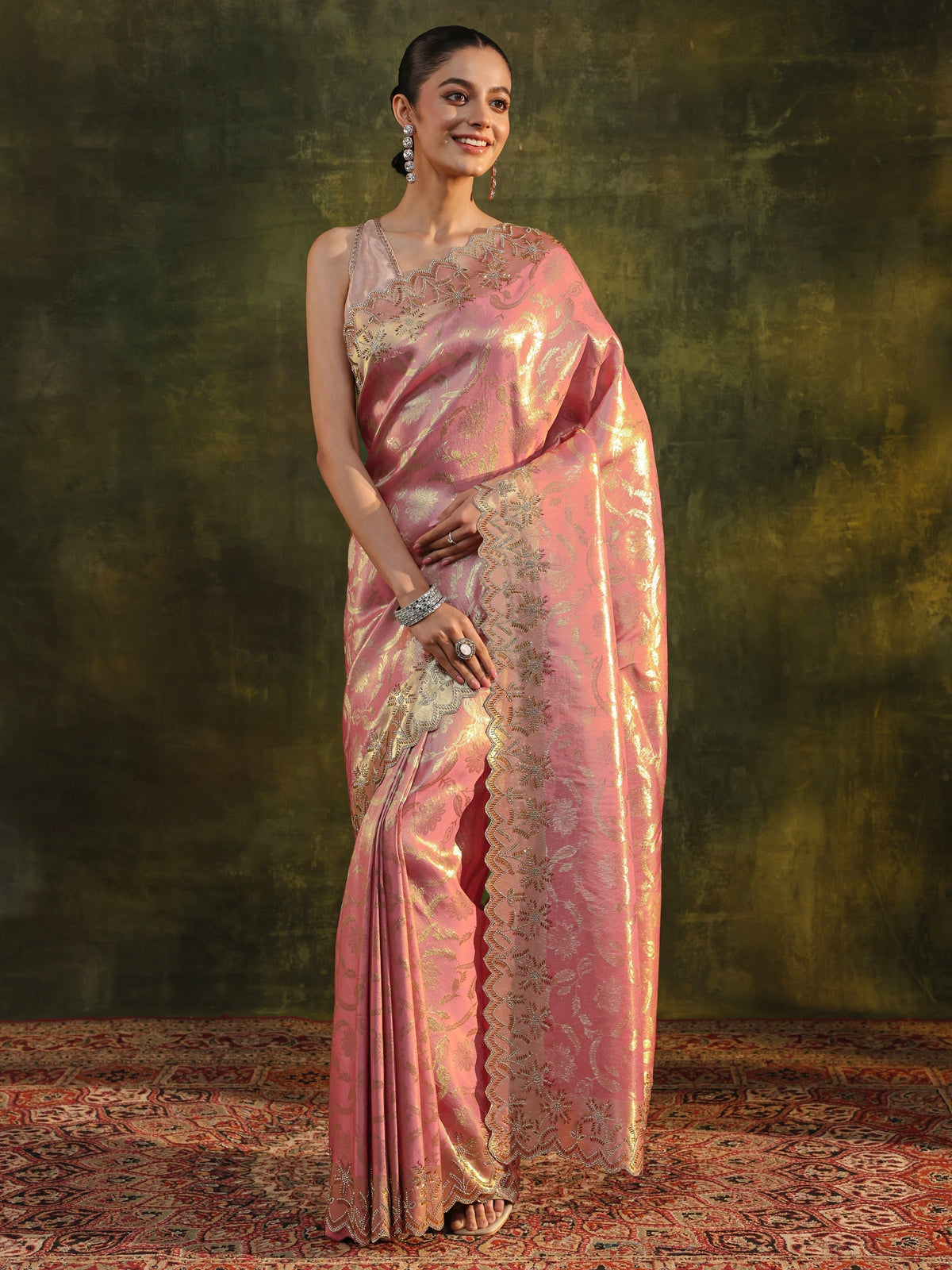 Anouk Peach Woven Design Silk Banarasi Saree With Unstitched Blouse Piece