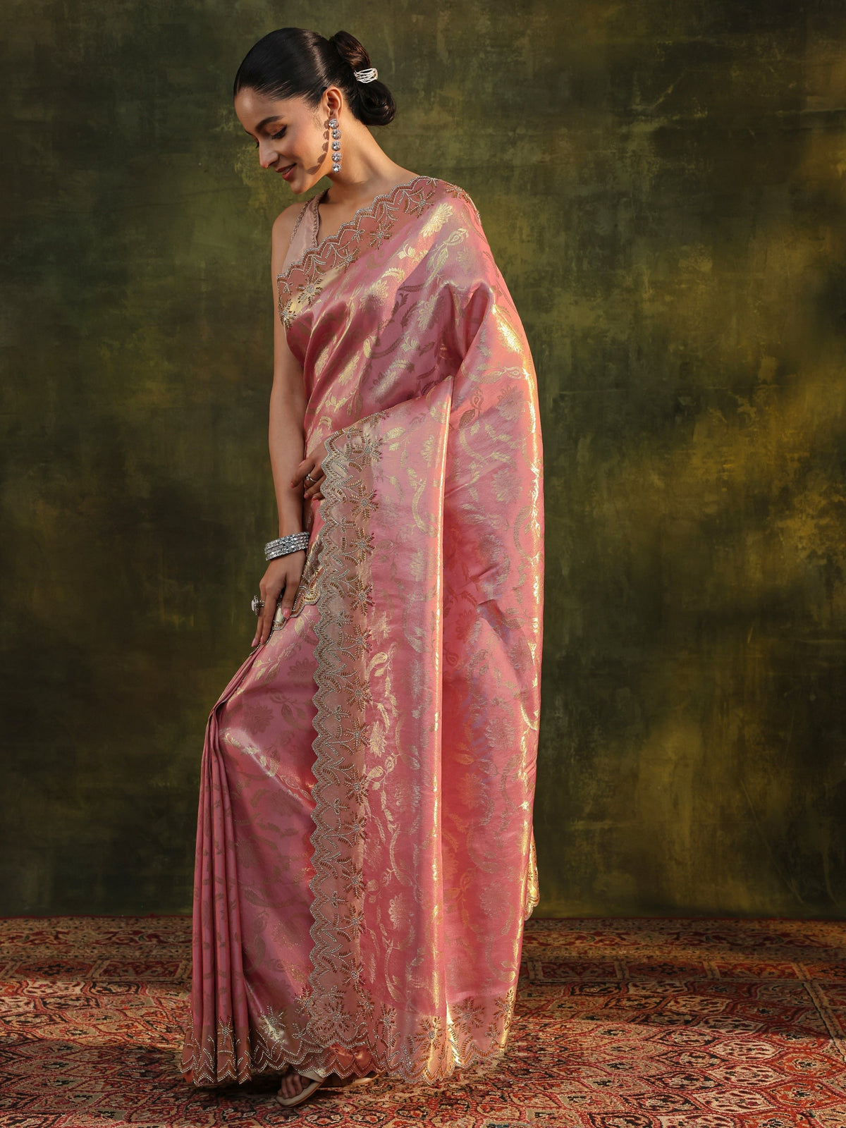 Anouk Peach Woven Design Silk Banarasi Saree With Unstitched Blouse Piece