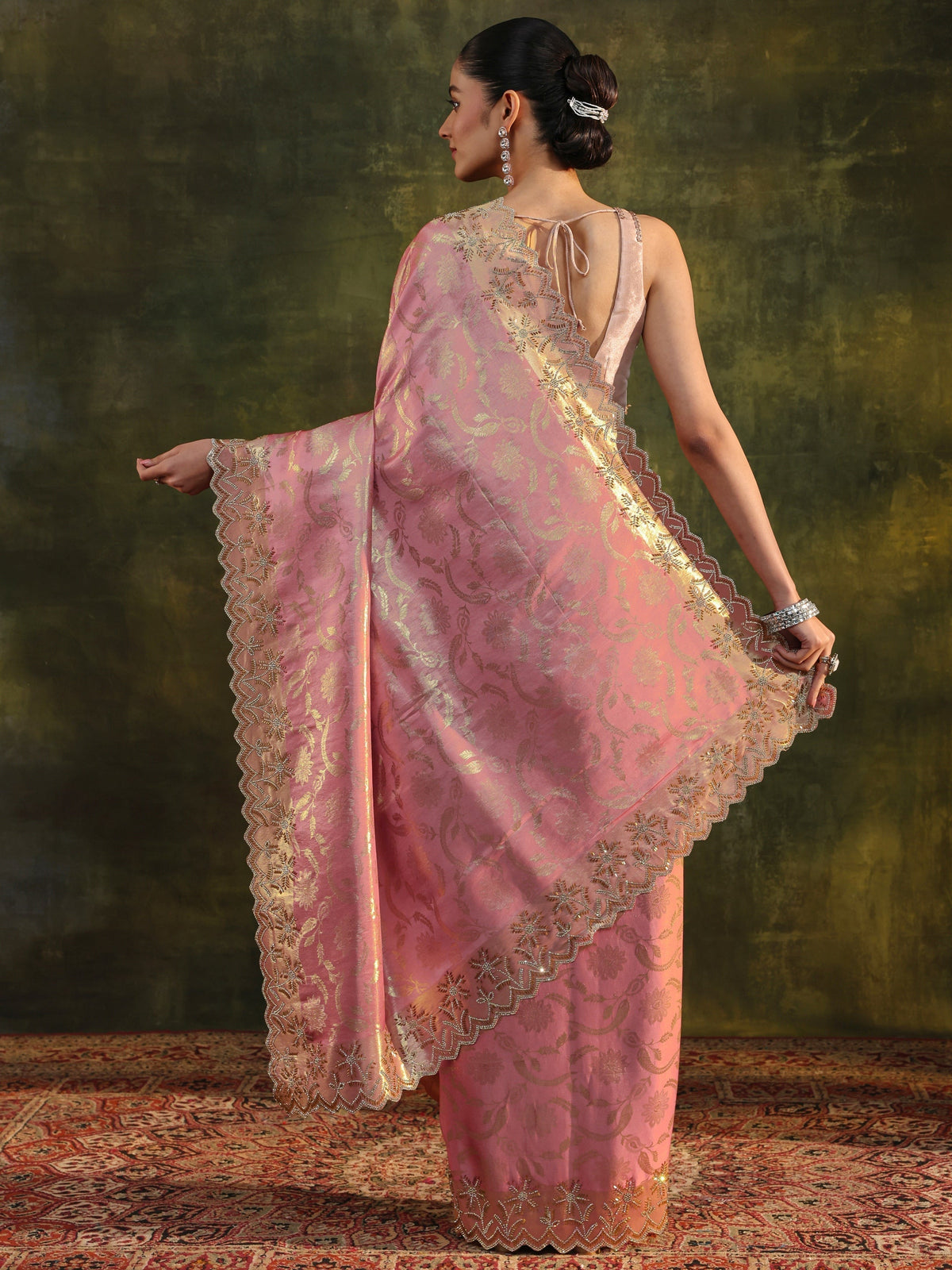 Anouk Peach Woven Design Silk Banarasi Saree With Unstitched Blouse Piece