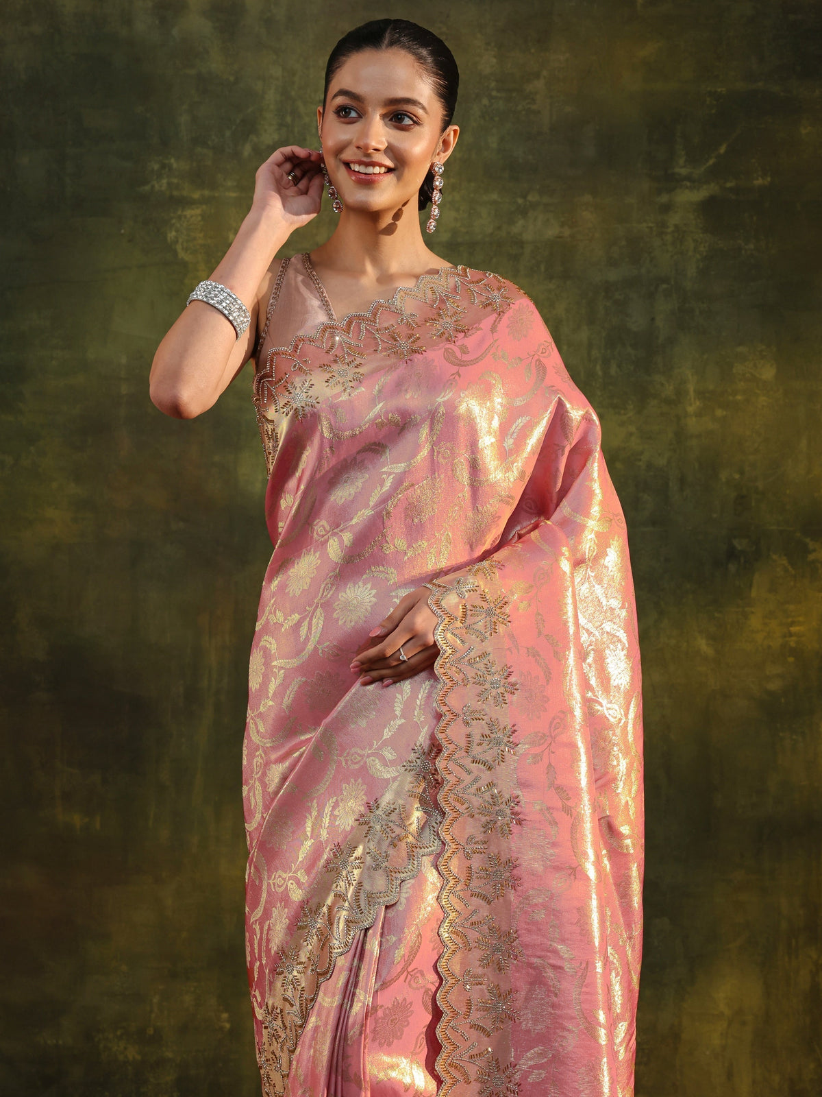 Anouk Peach Woven Design Silk Banarasi Saree With Unstitched Blouse Piece