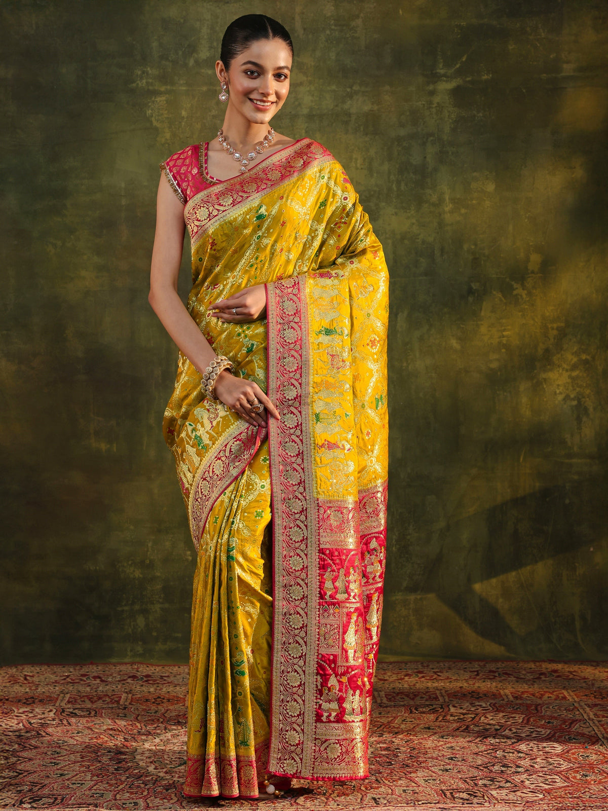 Anouk Art Mustard Gharchola Woven Design Satin Saree With Unstitched Blouse Piece