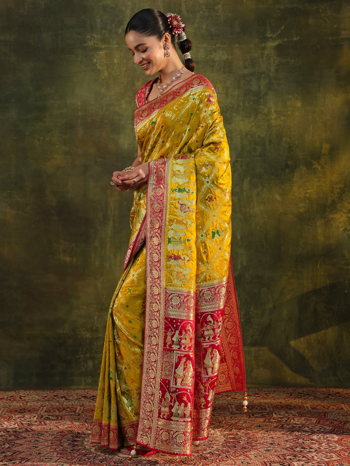Anouk Art Mustard Gharchola Woven Design Satin Saree With Unstitched Blouse Piece