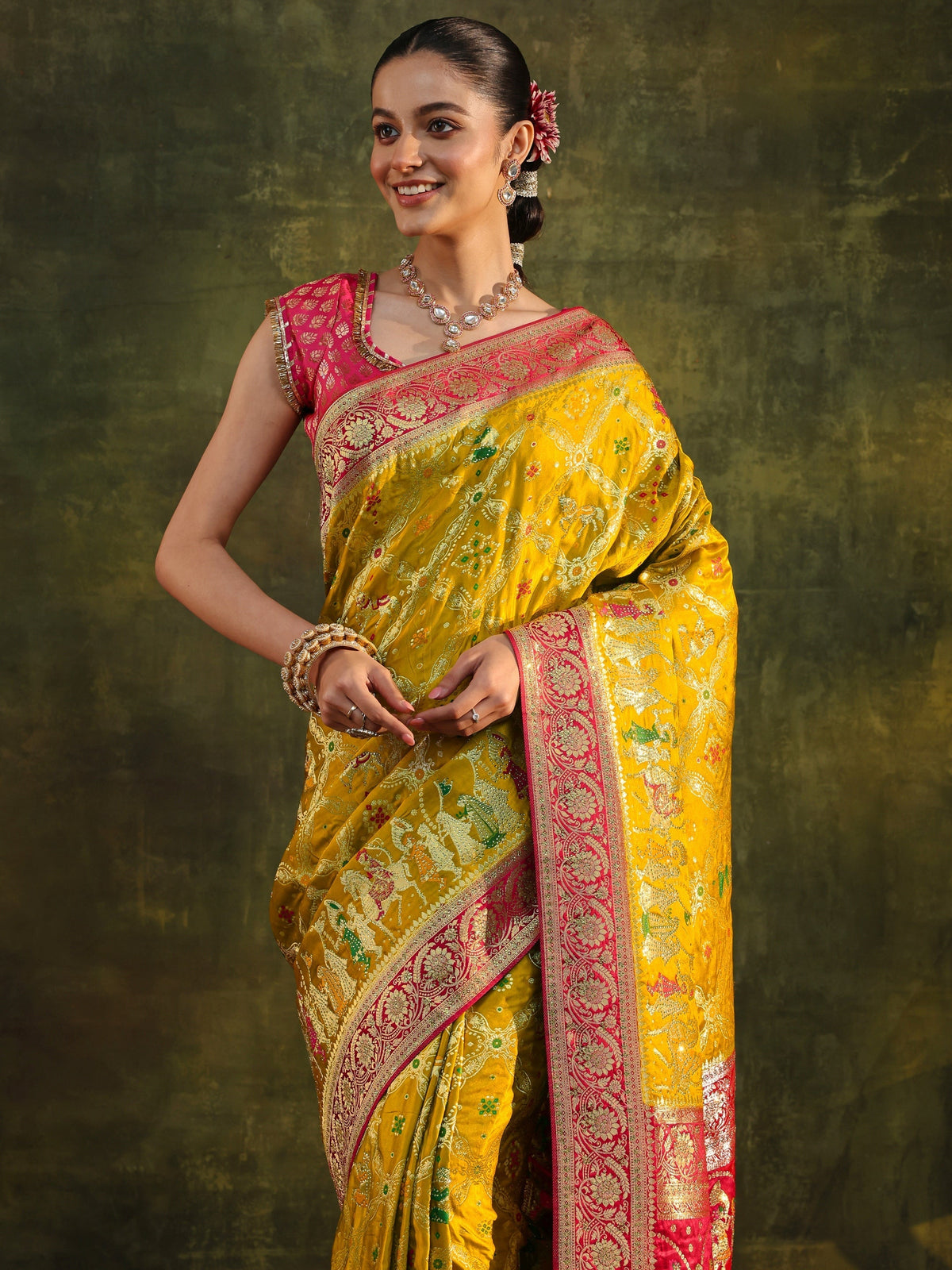 Anouk Art Mustard Gharchola Woven Design Satin Saree With Unstitched Blouse Piece