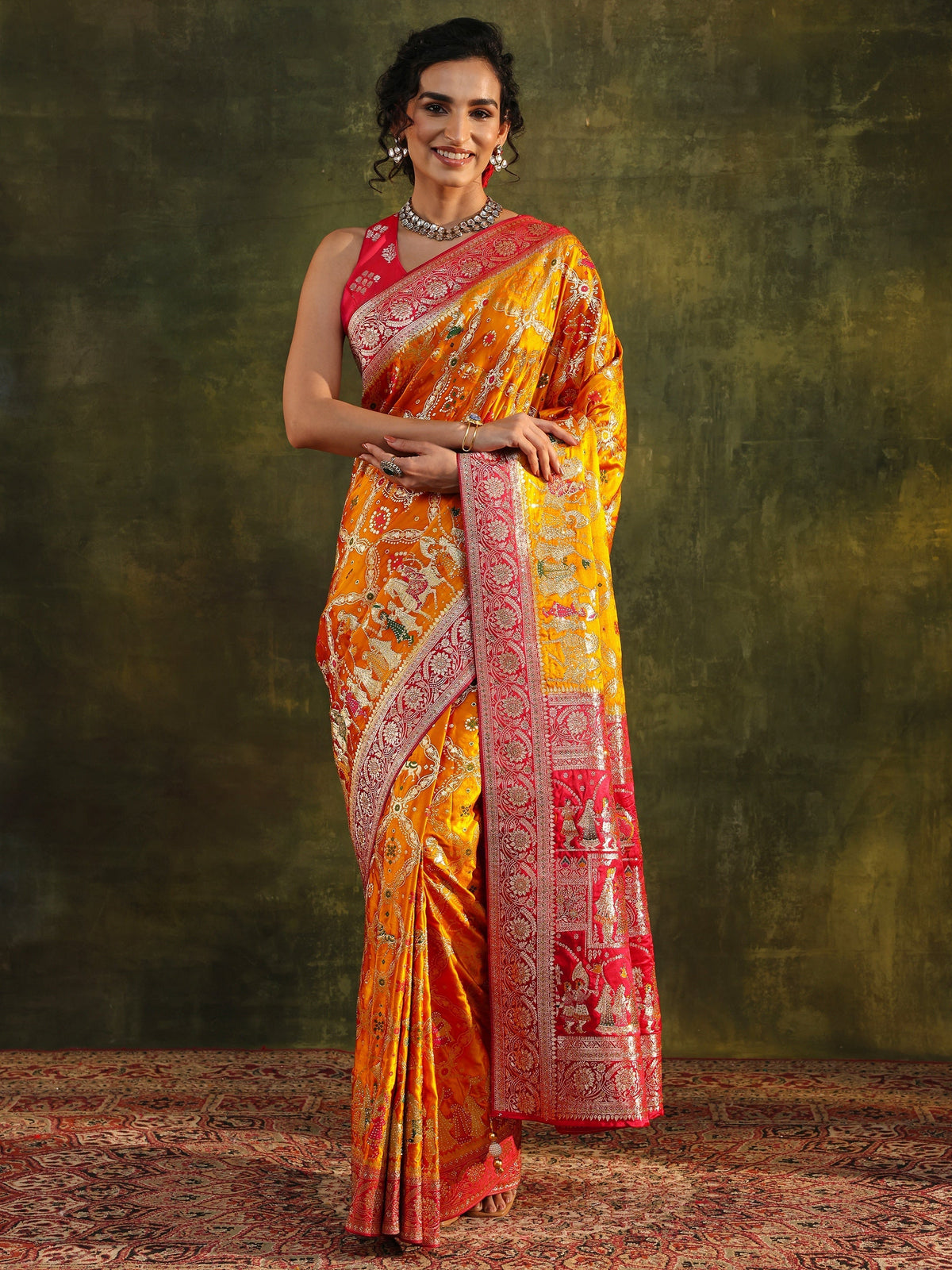 Anouk Art Mustard Gharchola Woven Design Satin Saree With Unstitched Blouse Piece