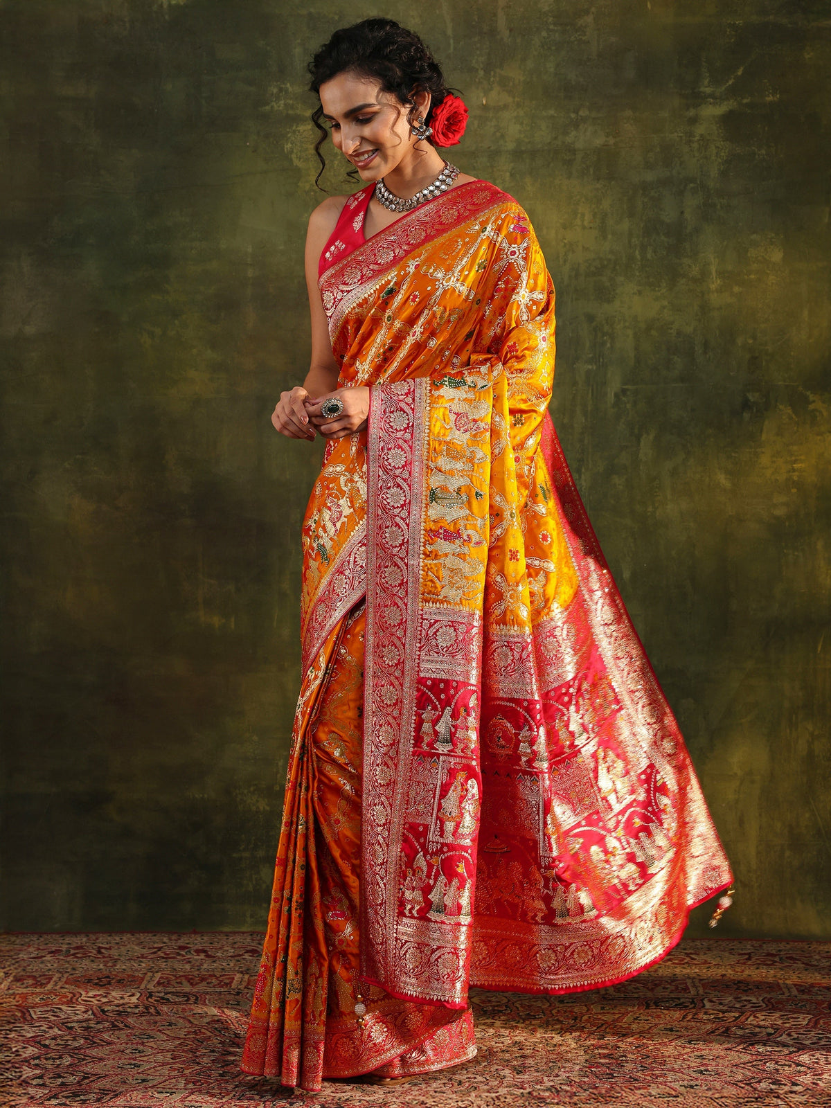 Anouk Art Mustard Gharchola Woven Design Satin Saree With Unstitched Blouse Piece