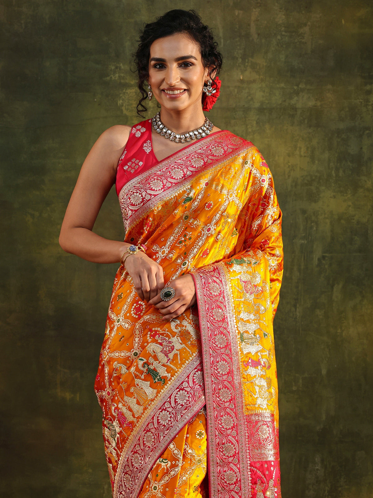 Anouk Art Mustard Gharchola Woven Design Satin Saree With Unstitched Blouse Piece