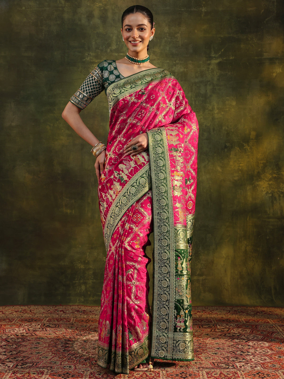 Anouk Art Pink Gharchola Woven Design Satin Saree With Unstitched Blouse Piece