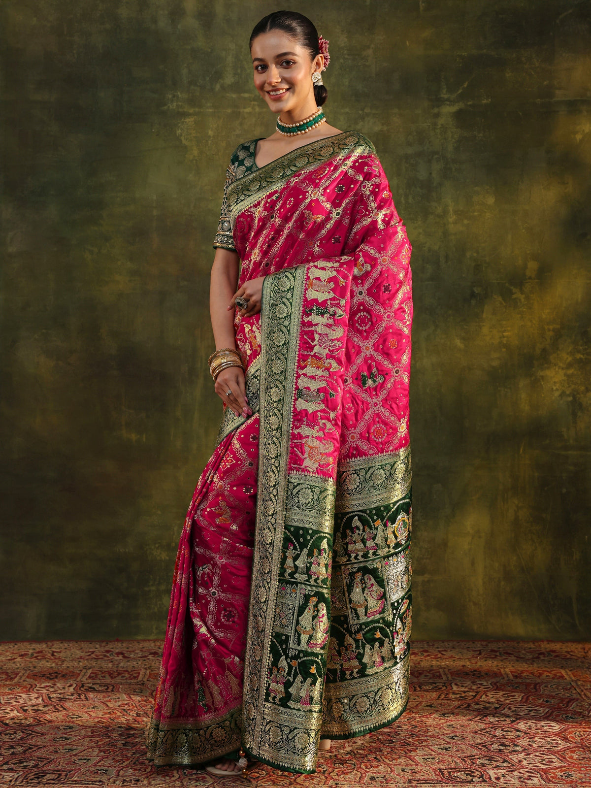Anouk Art Pink Gharchola Woven Design Satin Saree With Unstitched Blouse Piece