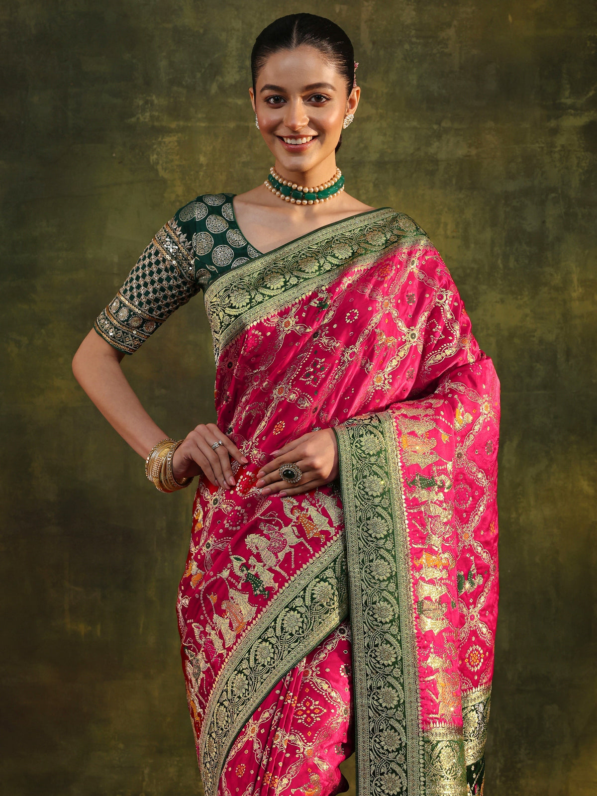 Anouk Art Pink Gharchola Woven Design Satin Saree With Unstitched Blouse Piece