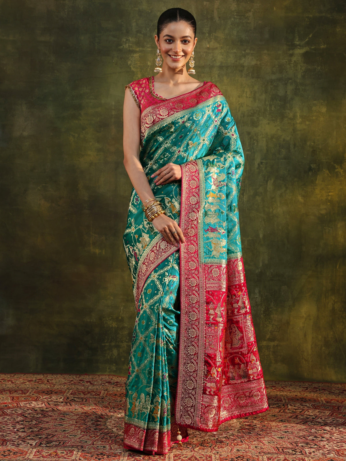 Anouk Art Blue Gharchola Woven Design Satin Saree With Unstitched Blouse Piece
