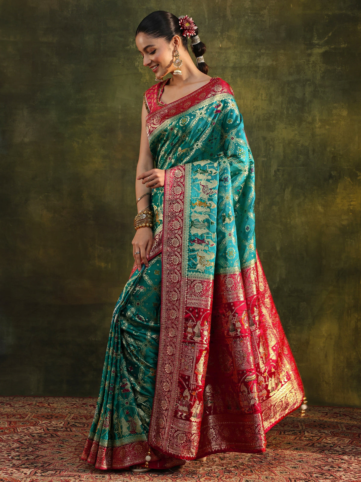 Anouk Art Blue Gharchola Woven Design Satin Saree With Unstitched Blouse Piece