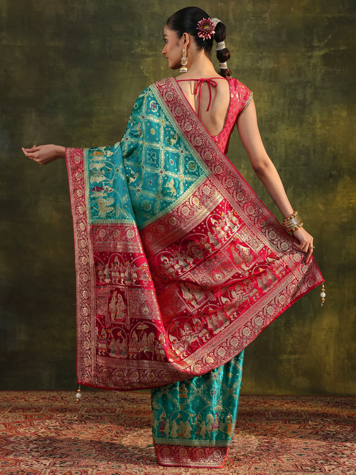Anouk Art Blue Gharchola Woven Design Satin Saree With Unstitched Blouse Piece