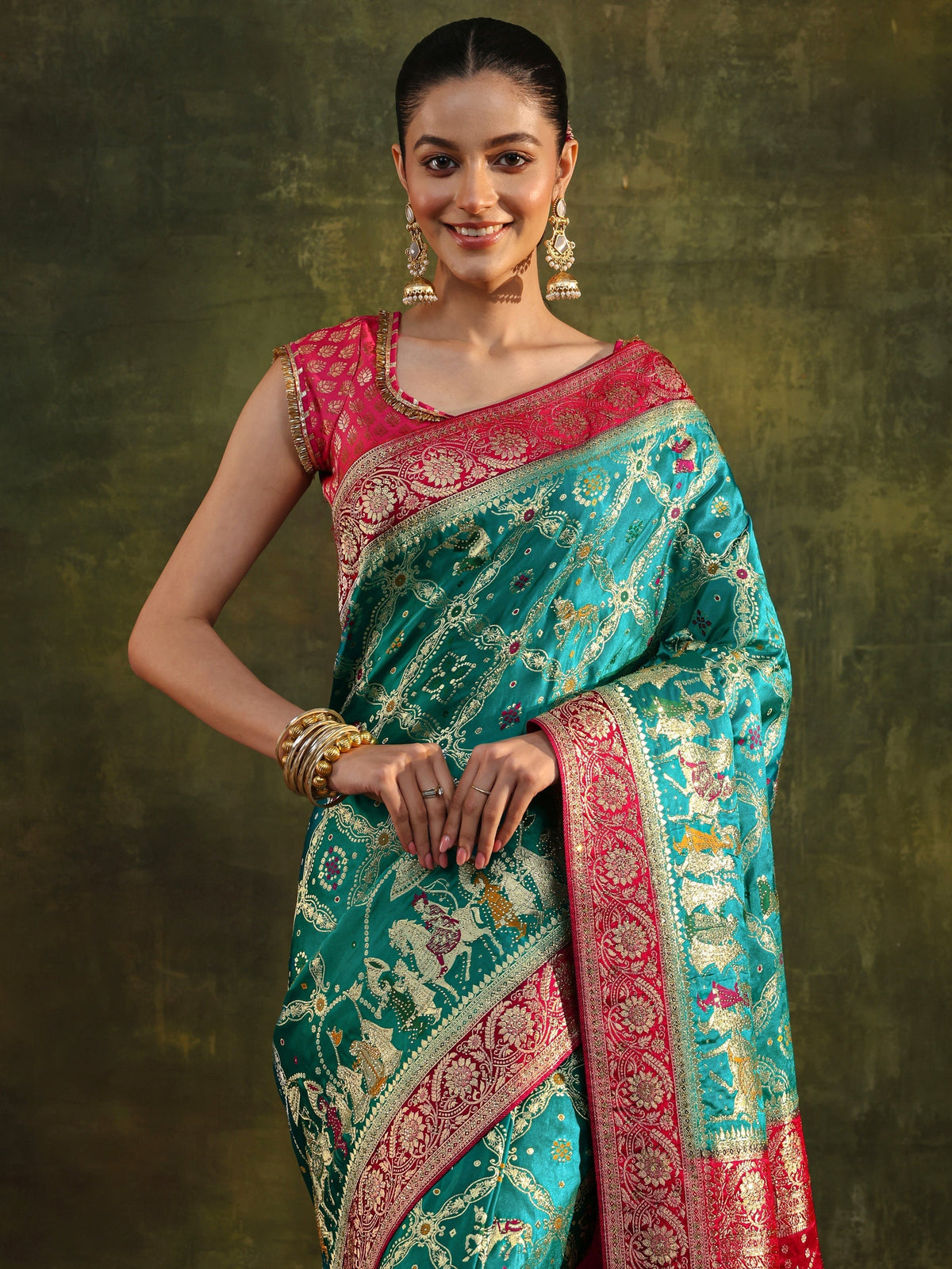 Anouk Art Blue Gharchola Woven Design Satin Saree With Unstitched Blouse Piece