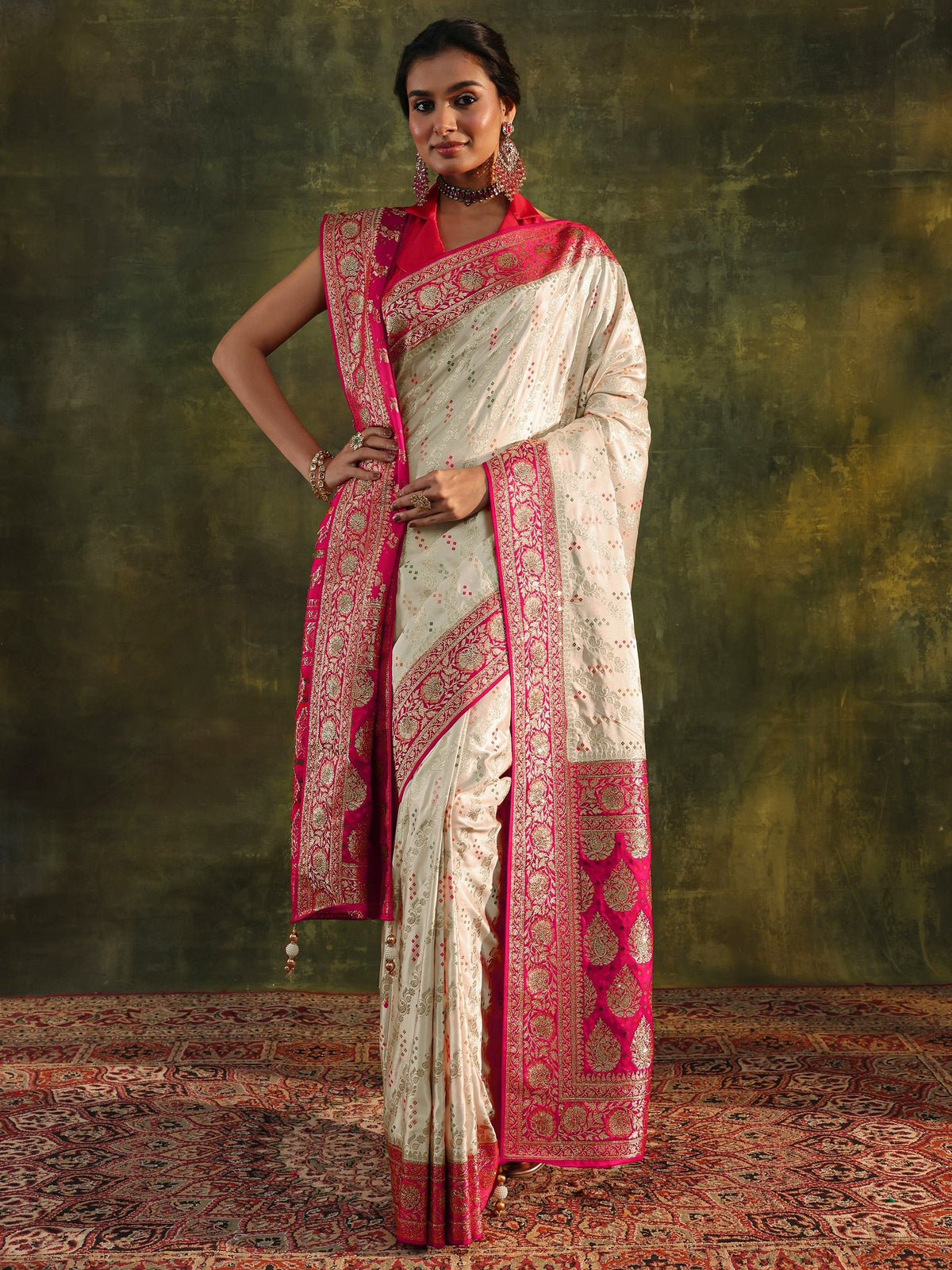 Anouk Art Ivory Gharchola Satin Saree With Unstitched Blouse Piece