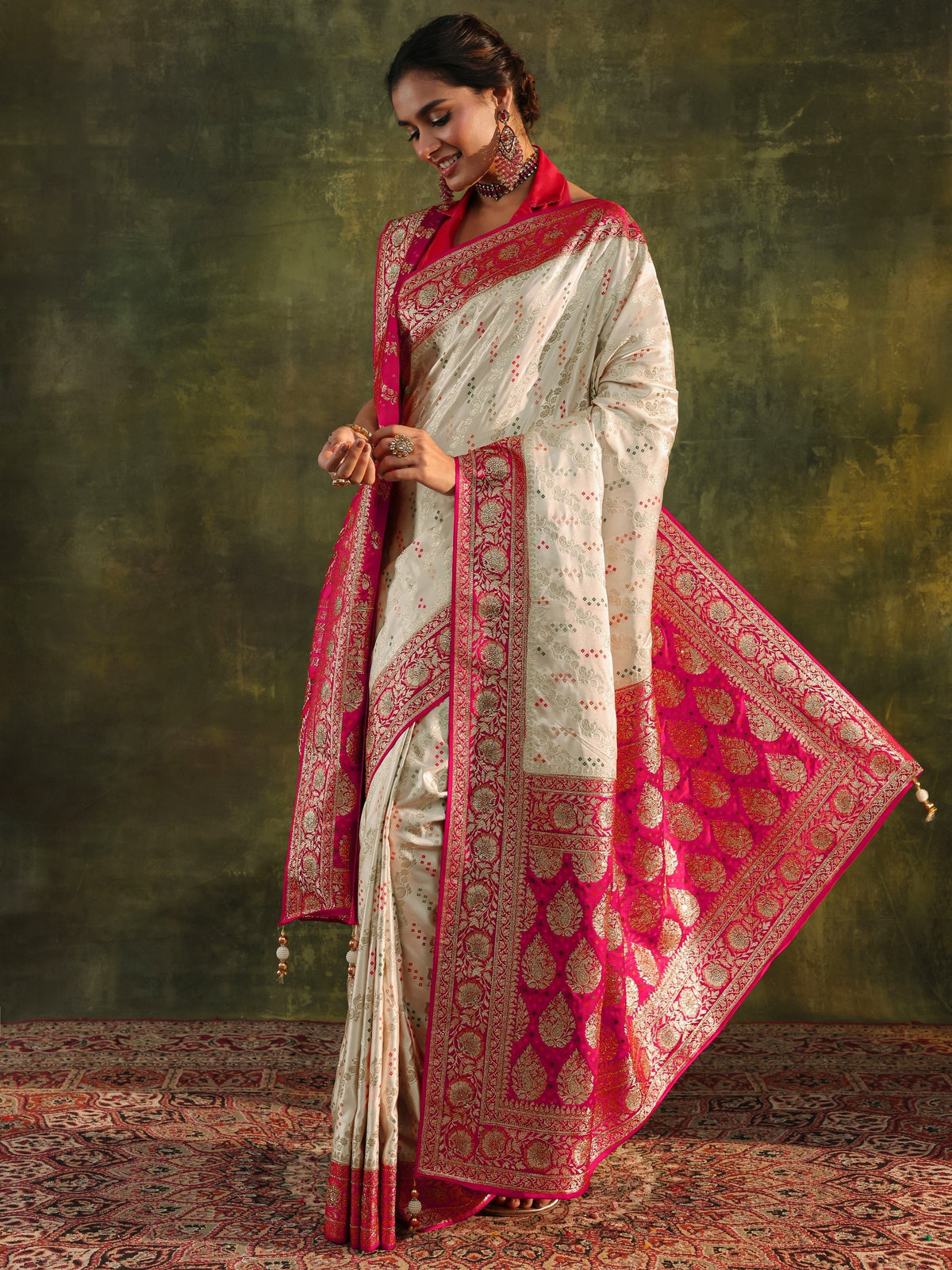 Anouk Art Ivory Gharchola Satin Saree With Unstitched Blouse Piece