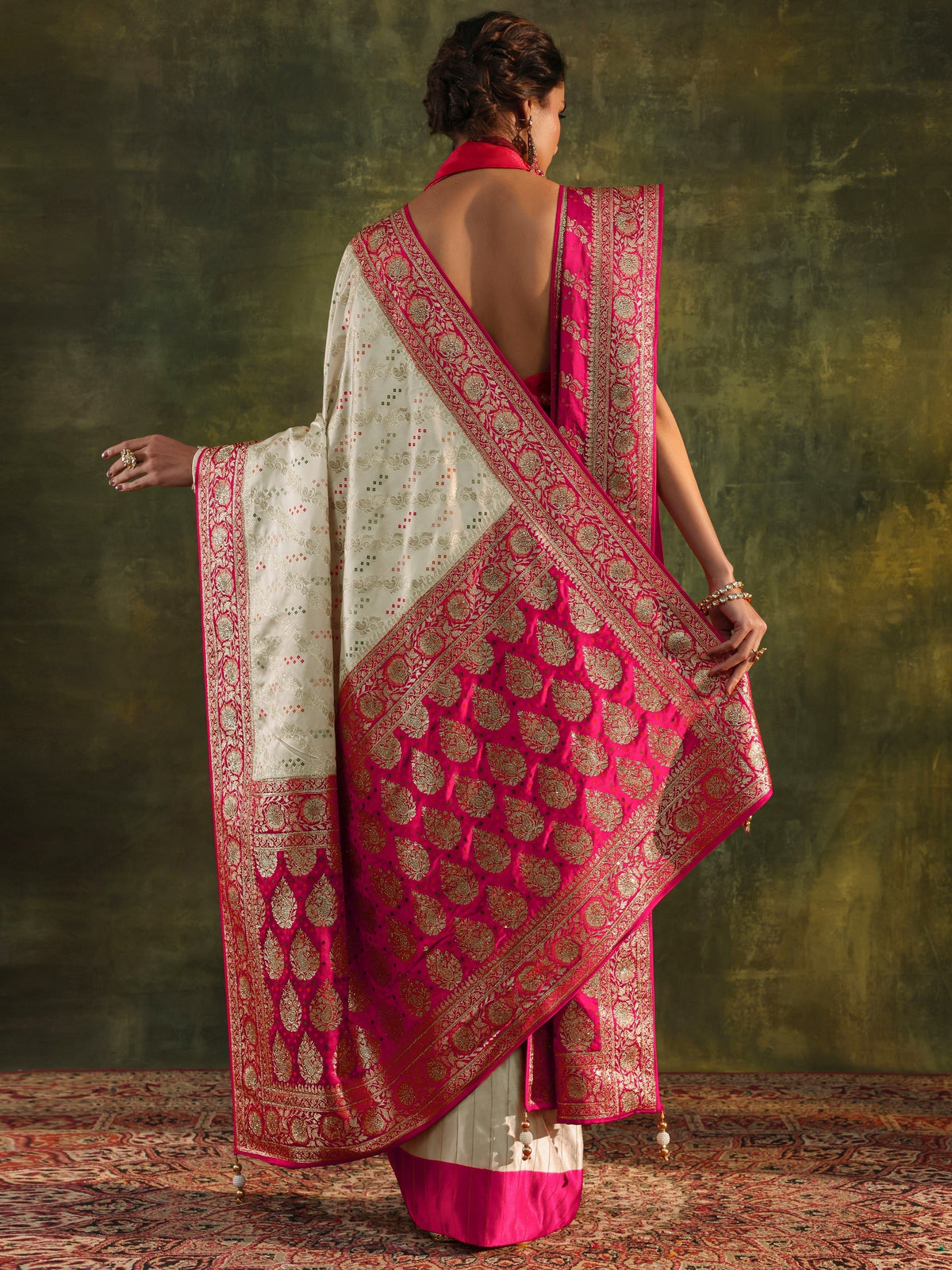 Anouk Art Ivory Gharchola Satin Saree With Unstitched Blouse Piece