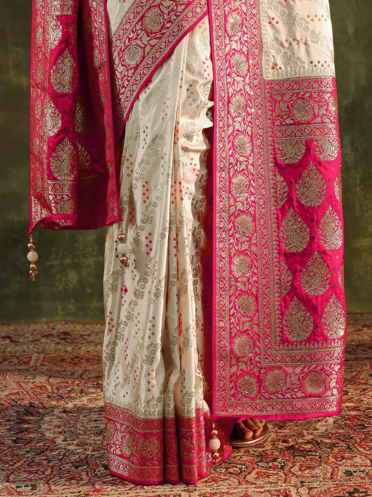 Anouk Art Ivory Gharchola Satin Saree With Unstitched Blouse Piece