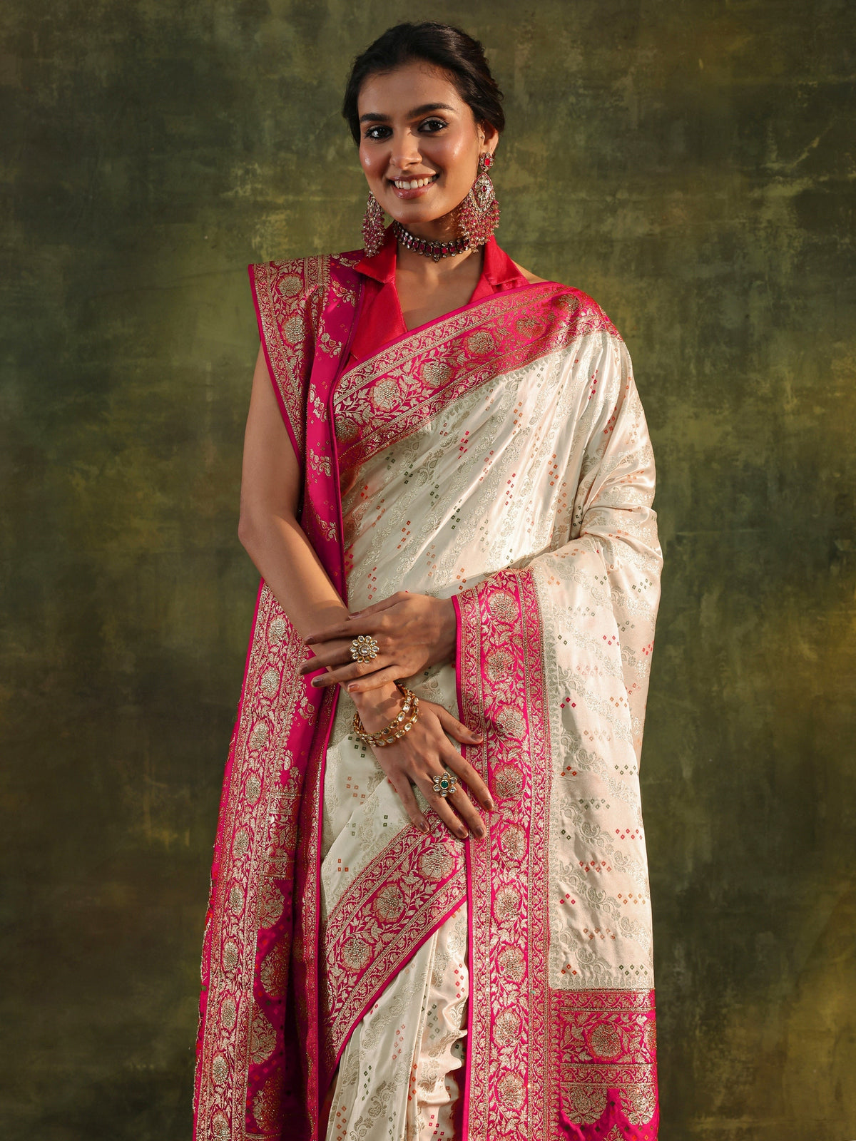 Anouk Art Ivory Gharchola Satin Saree With Unstitched Blouse Piece