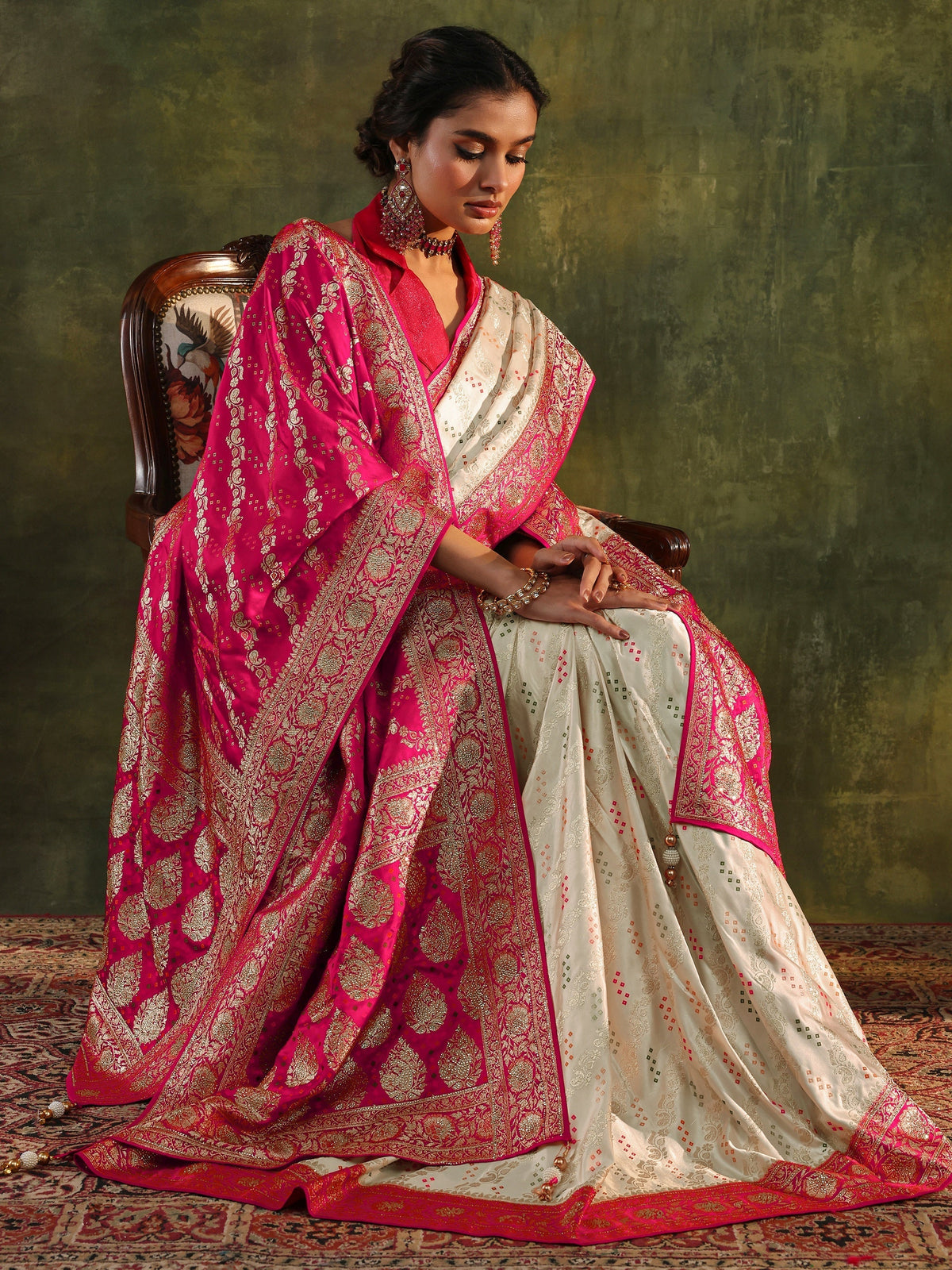 Anouk Art Ivory Gharchola Satin Saree With Unstitched Blouse Piece
