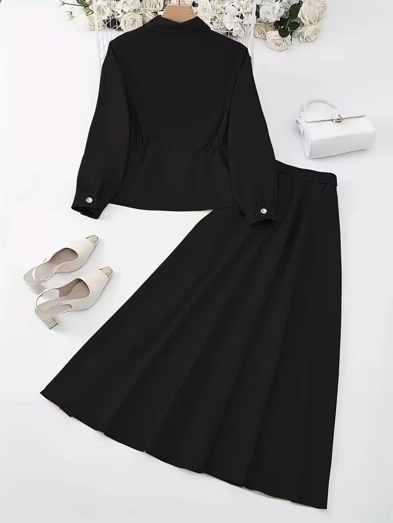 Women's Drawstring Waist Collared Top & Elastic Waist Skirt Two-Piece Set