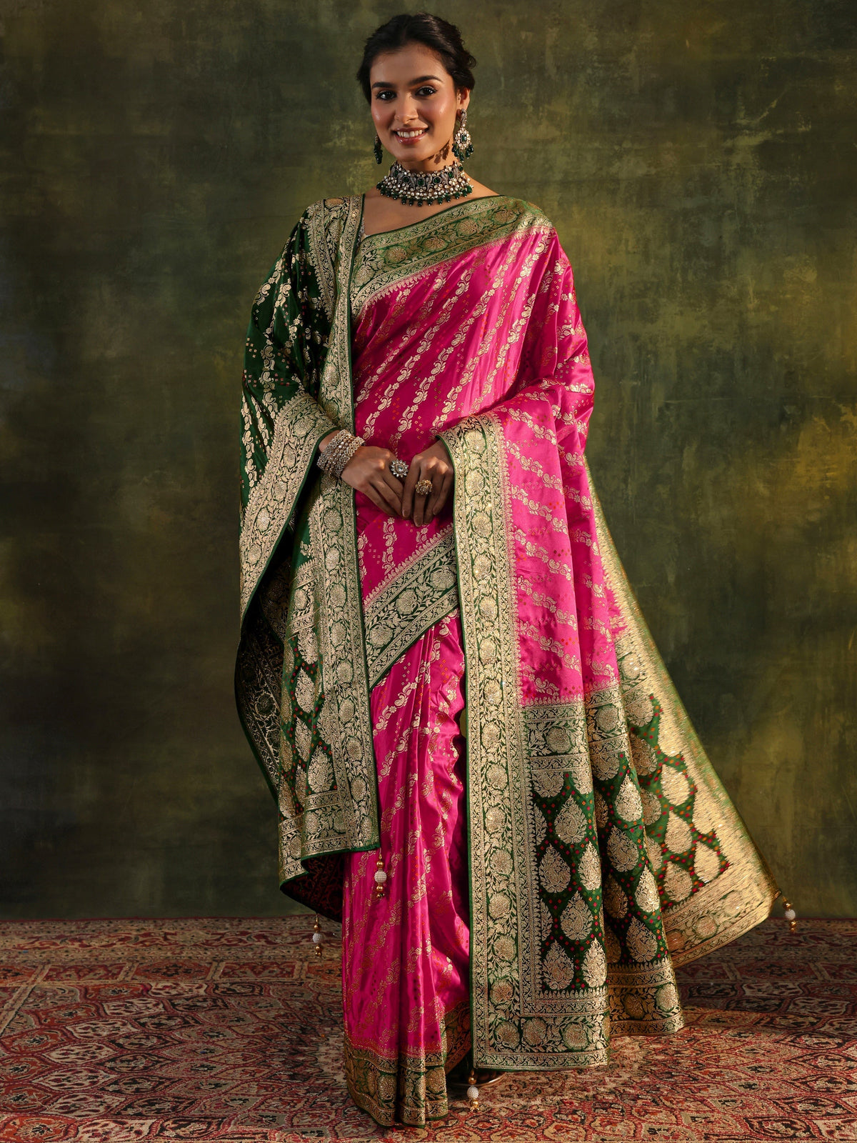 Anouk Art Pink Gharchola Satin Saree With Unstitched Blouse Piece