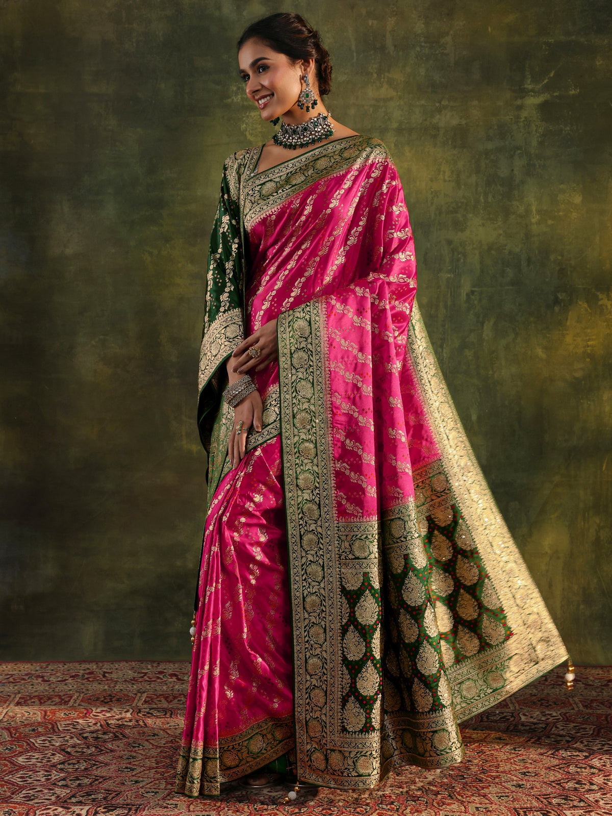 Anouk Art Pink Gharchola Satin Saree With Unstitched Blouse Piece