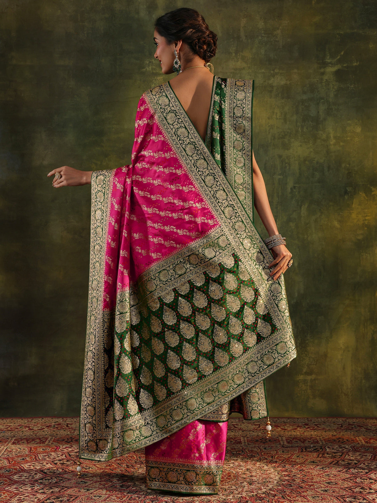 Anouk Art Pink Gharchola Satin Saree With Unstitched Blouse Piece