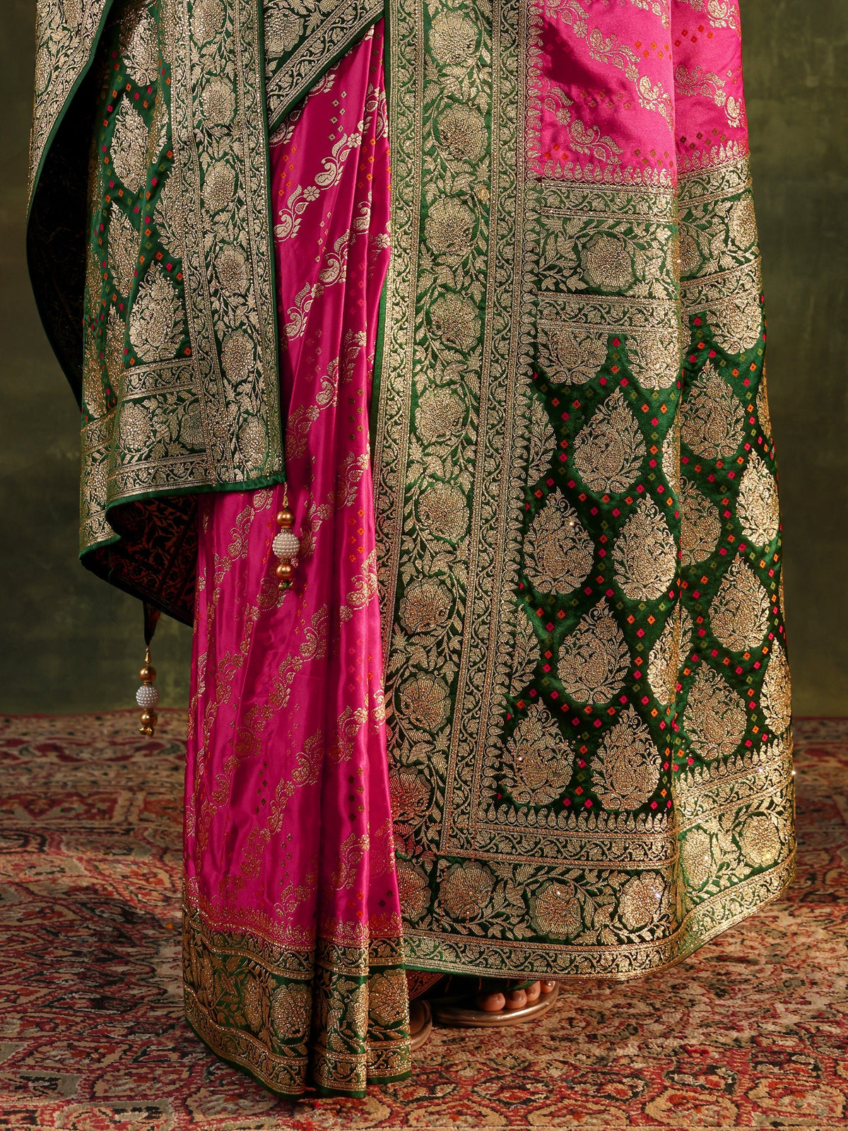 Anouk Art Pink Gharchola Satin Saree With Unstitched Blouse Piece