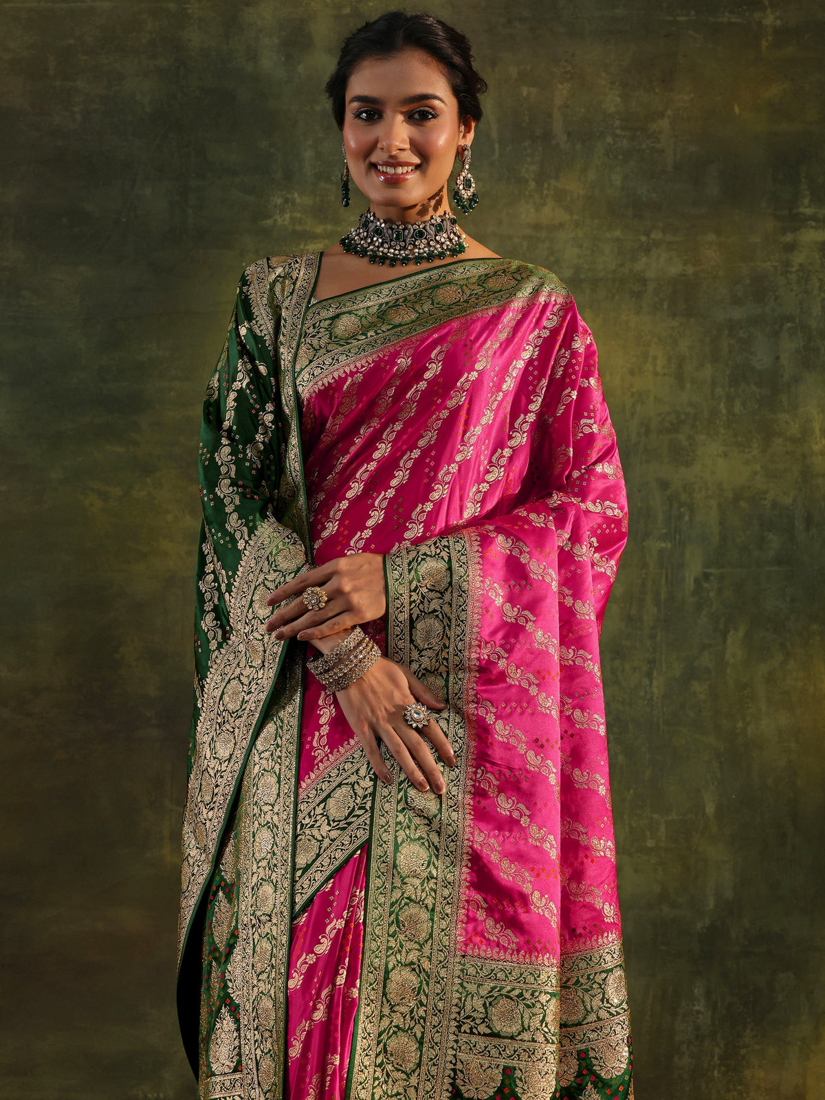 Anouk Art Pink Gharchola Satin Saree With Unstitched Blouse Piece