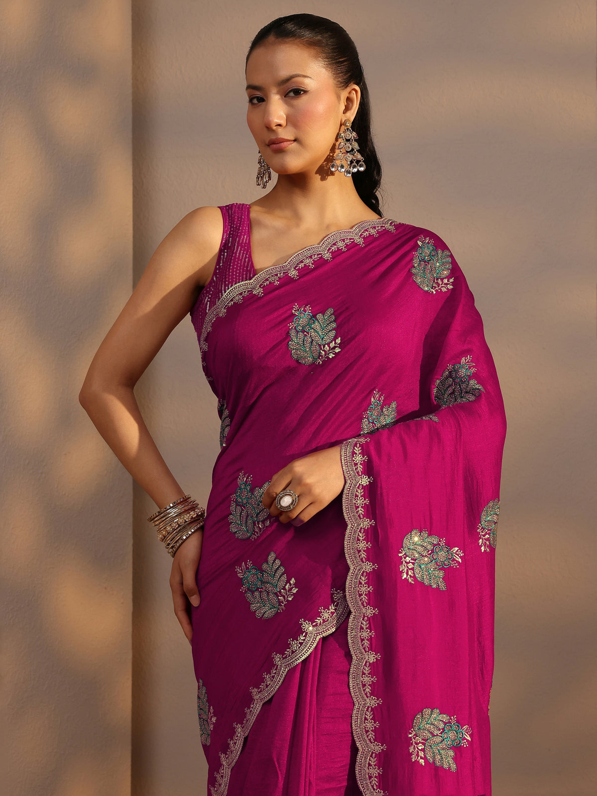 Anouk Pink Floral Embroidered Silk Blend Saree With Unstitched Blouse Piece