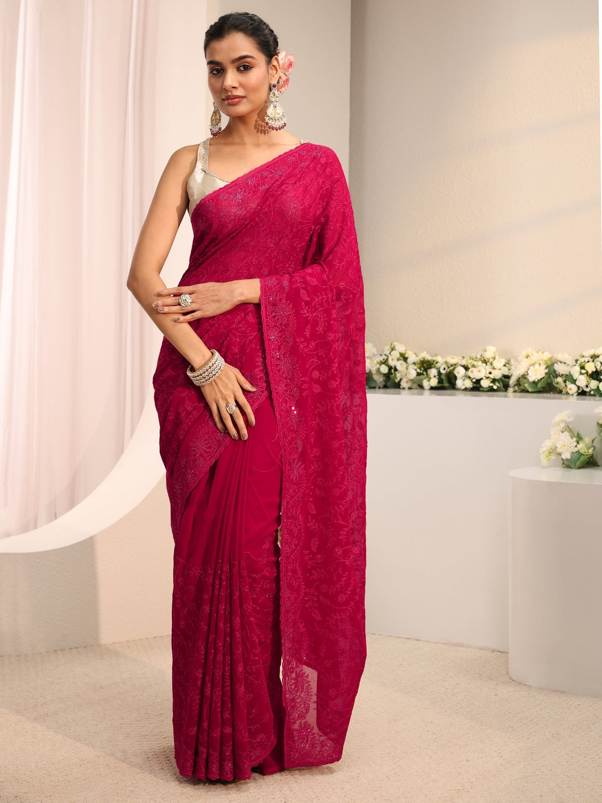 Anouk Pink Floral Embroidered Net Saree