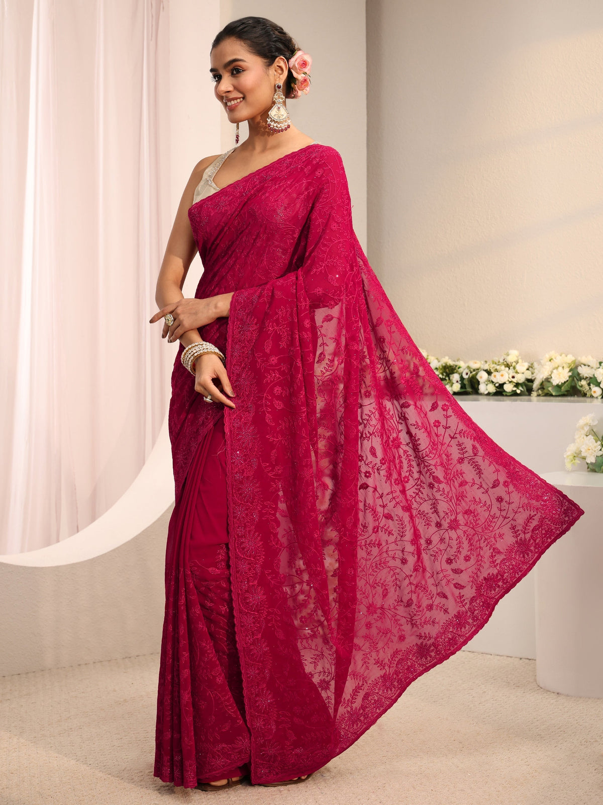 Anouk Pink Floral Embroidered Net Saree