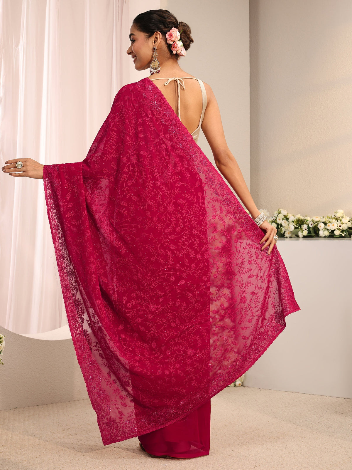 Anouk Pink Floral Embroidered Net Saree