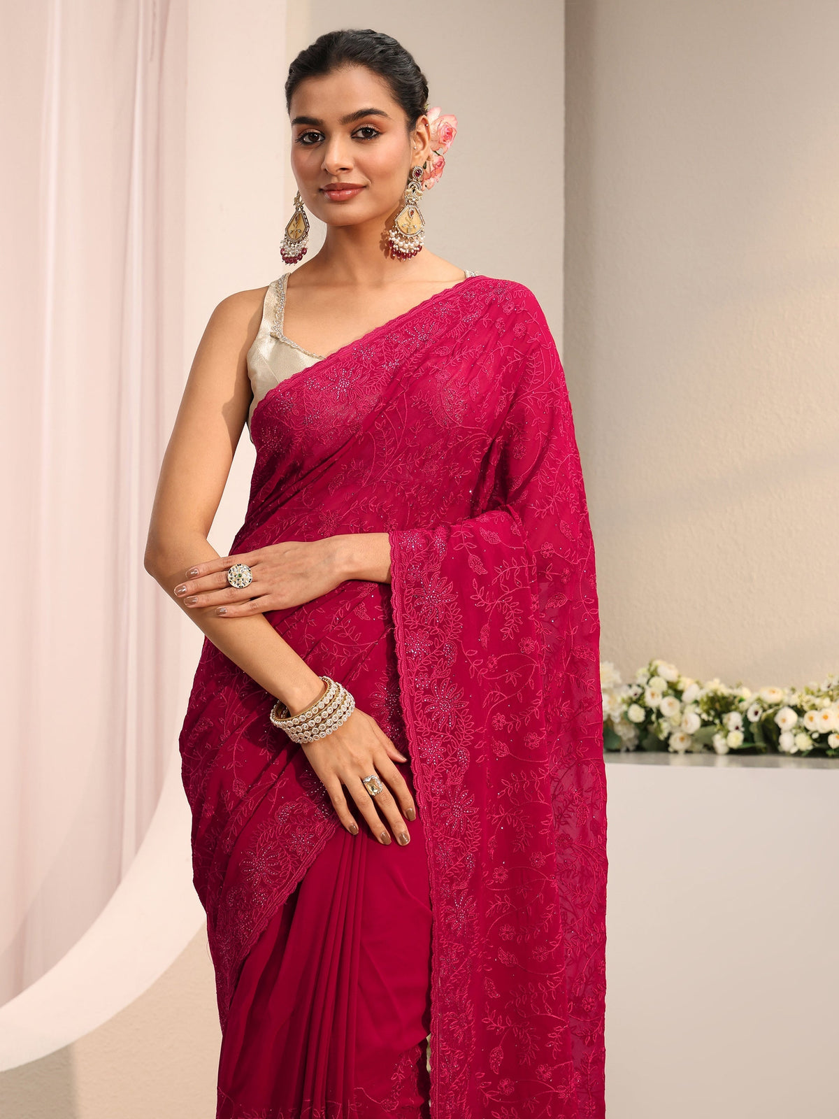 Anouk Pink Floral Embroidered Net Saree