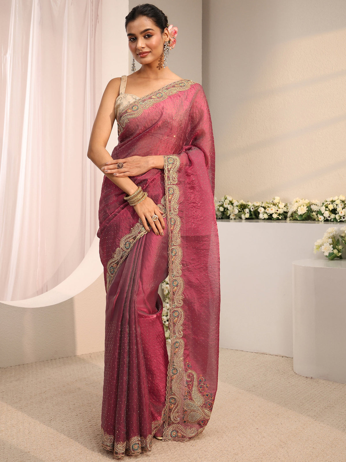 Anouk Maroon Embellished Tissue Saree With Unstitched Blouse Piece