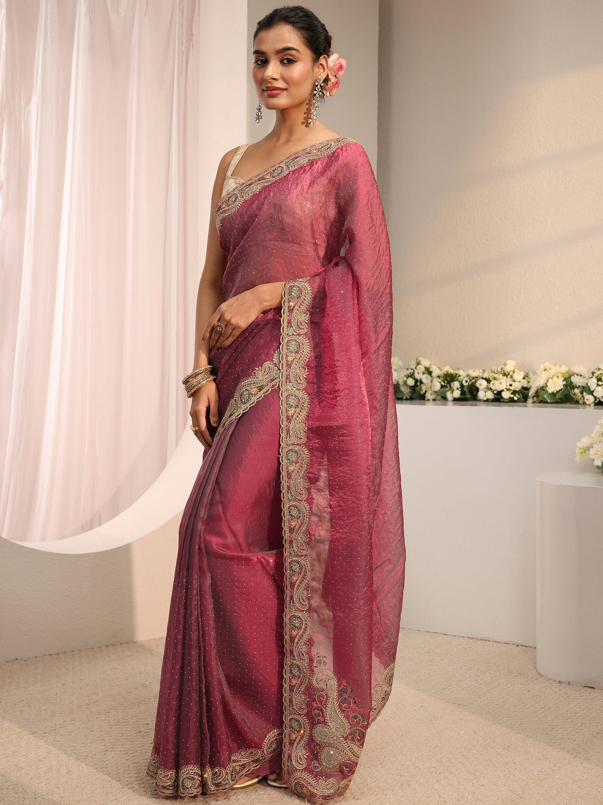 Anouk Maroon Embellished Tissue Saree With Unstitched Blouse Piece