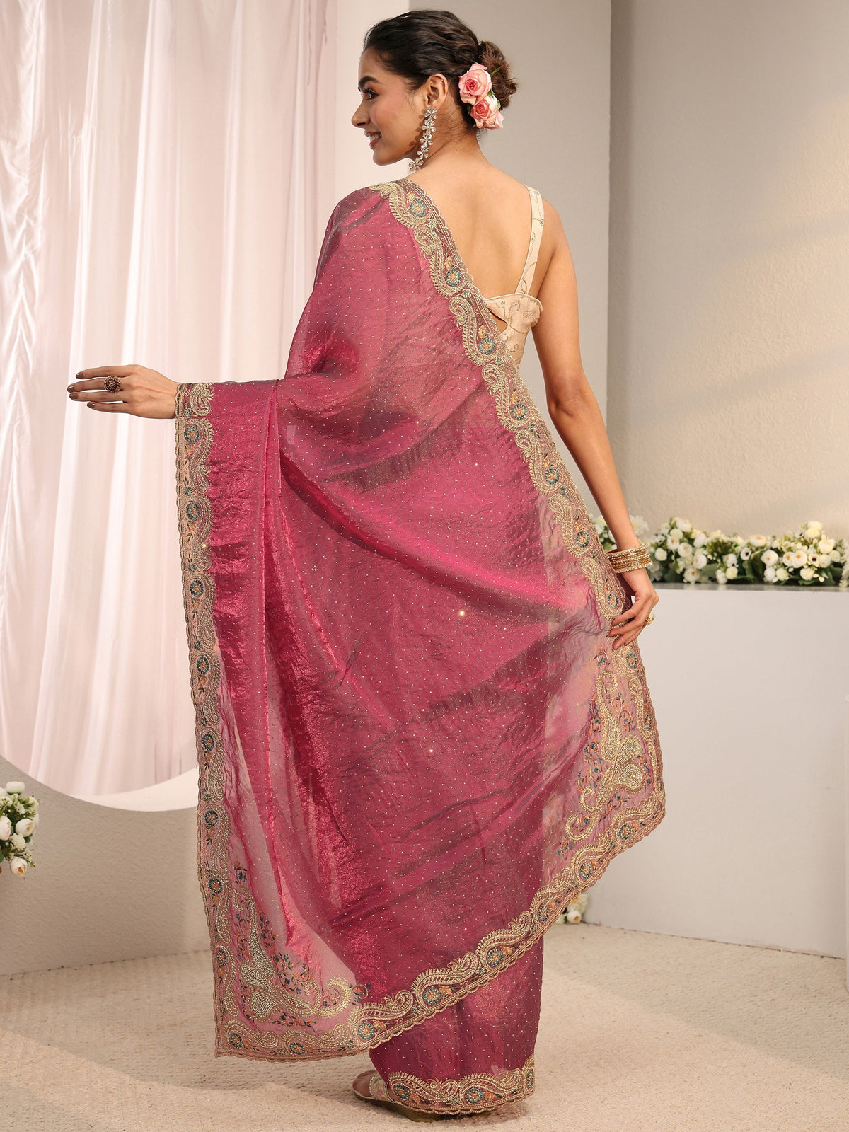 Anouk Maroon Embellished Tissue Saree With Unstitched Blouse Piece